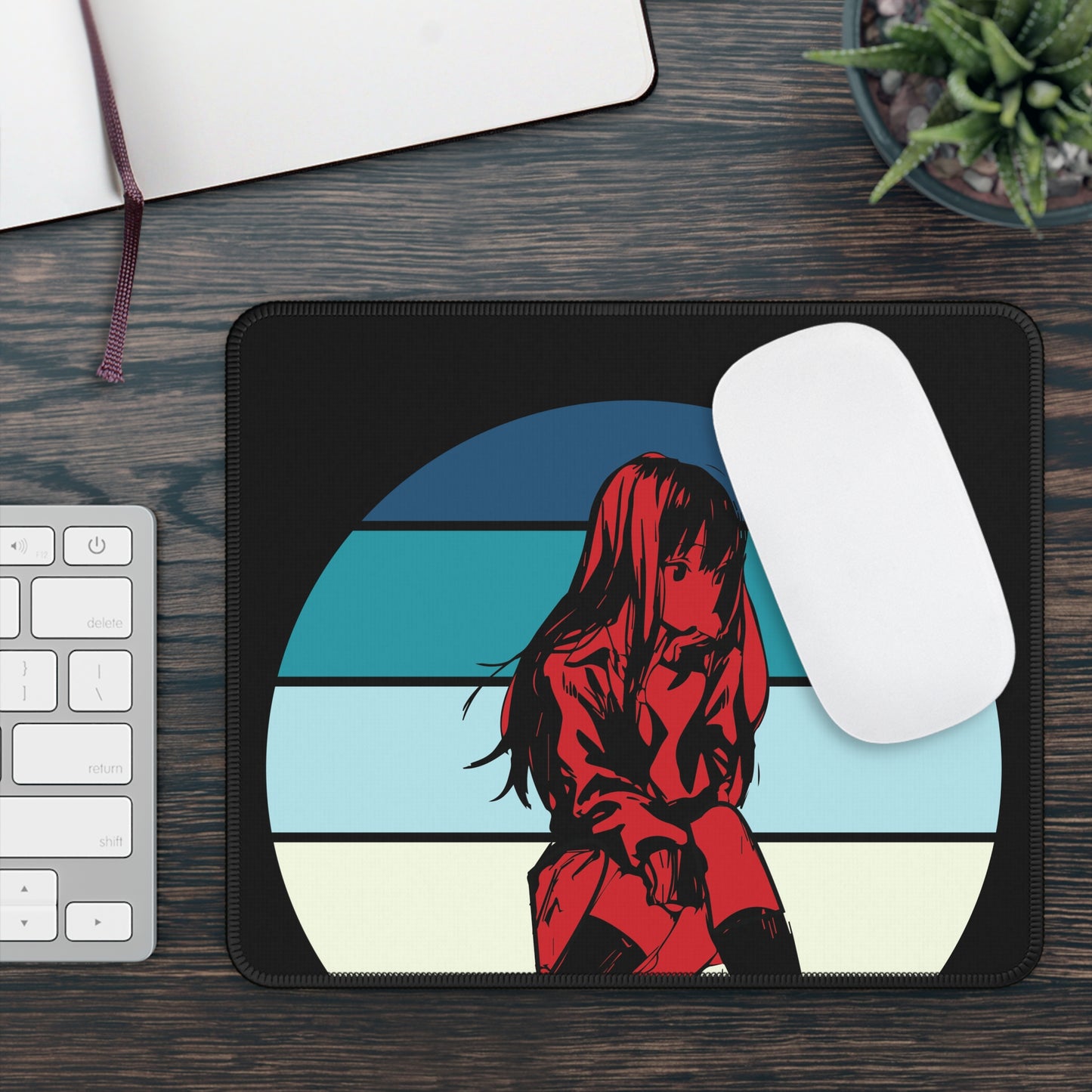 Red Shadow Anime Girl Mouse Pad – 9x7 Neoprene Desk Mat with Retro Aesthetic Design for Gamers and Office Setups