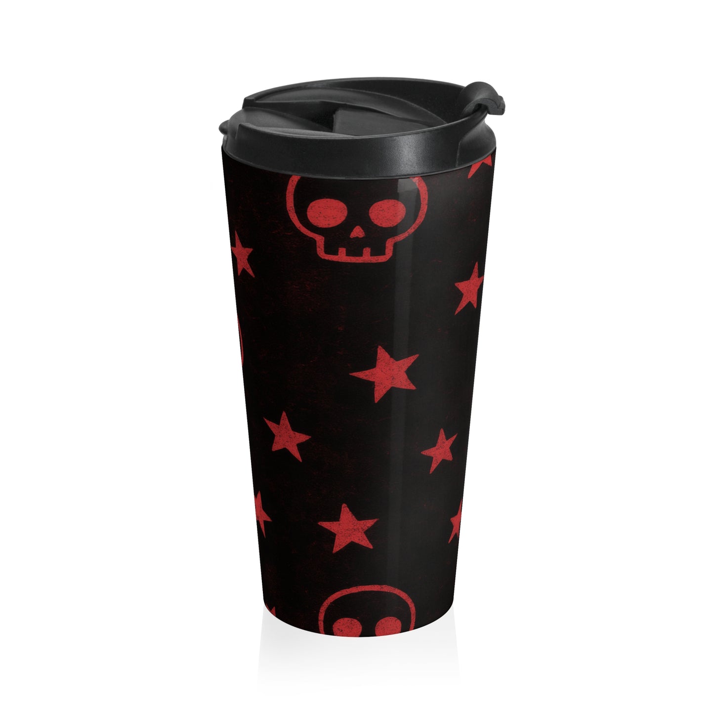 15oz “Skulls & Stars” Stainless Steel Travel Mug – Red Gothic Pattern on Black with Leak-Proof Lid