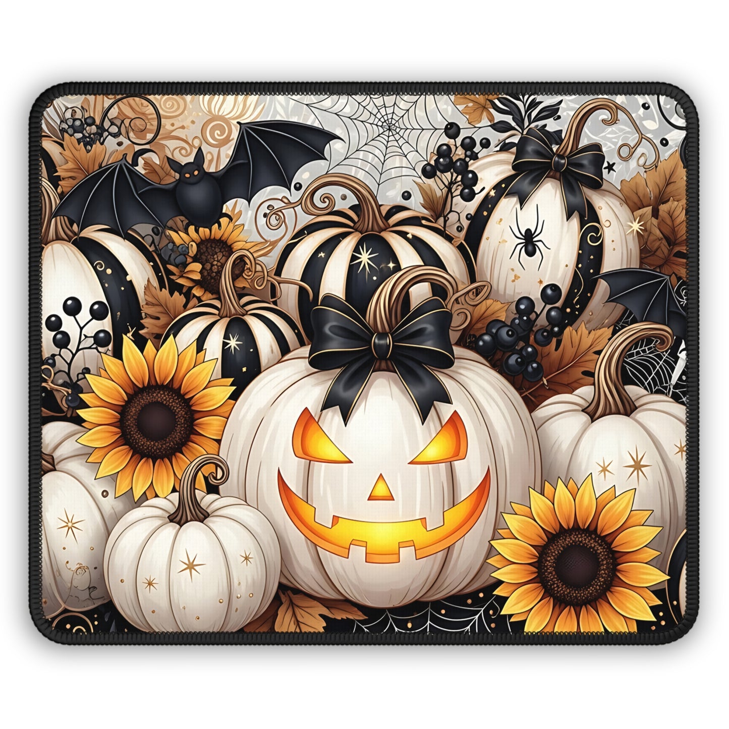 Elegant Pumpkin Patch Halloween Gaming Mouse Pad – 9x7 Neoprene Mouse Pad with Sunflowers, Bats, and Jack-o’-Lantern Design