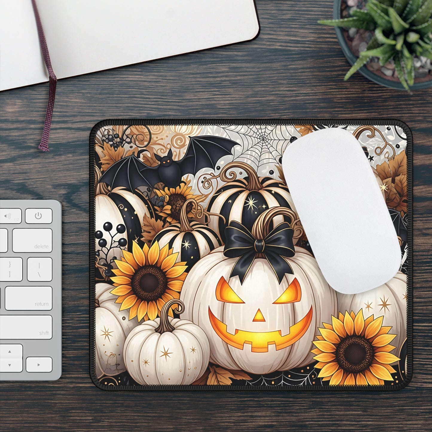 Elegant Pumpkin Patch Halloween Gaming Mouse Pad – 9x7 Neoprene Mouse Pad with Sunflowers, Bats, and Jack-o’-Lantern Design