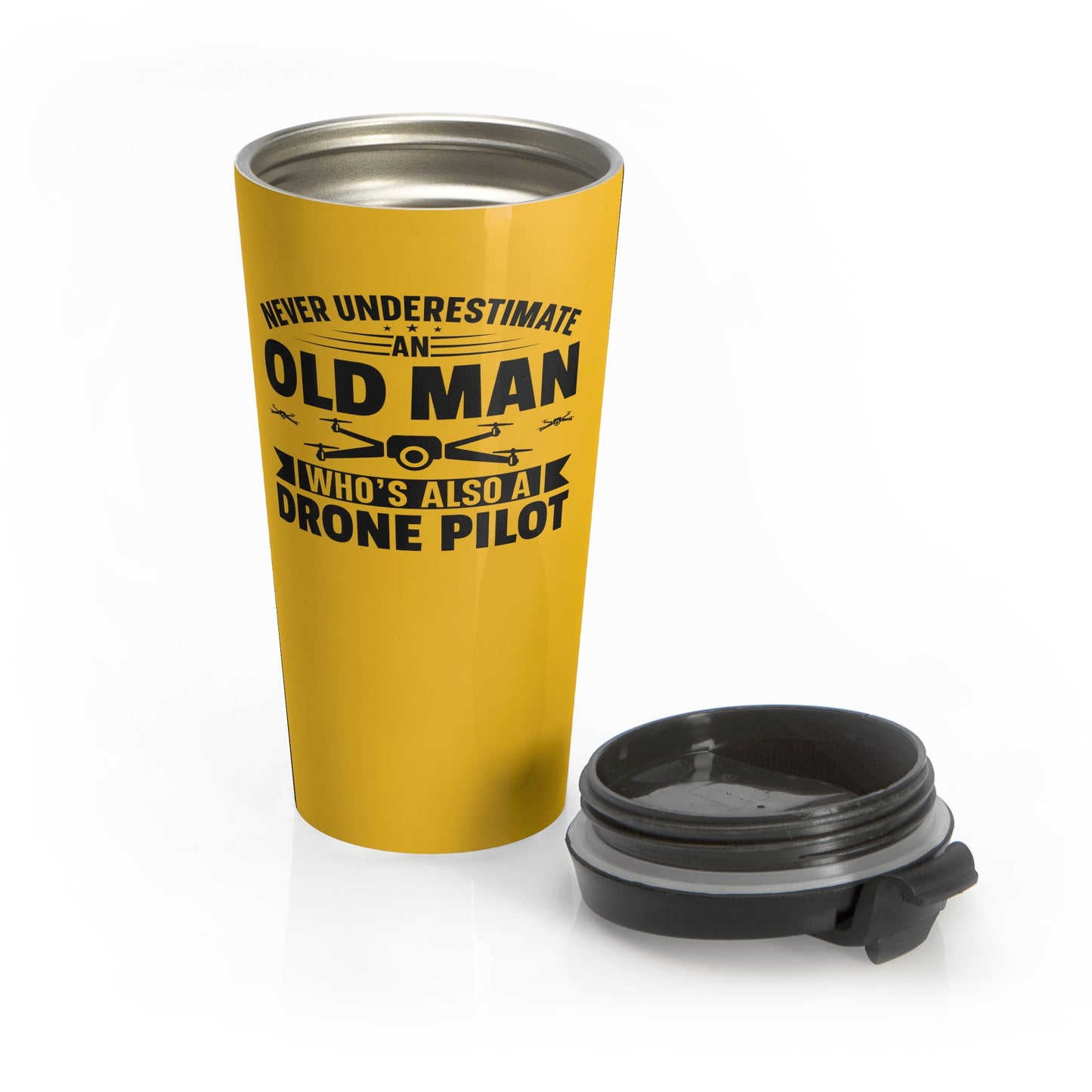 15oz “Never Underestimate an Old Man” Stainless Steel Travel Mug – Yellow Drone Pilot Design with Leak-Proof Lid