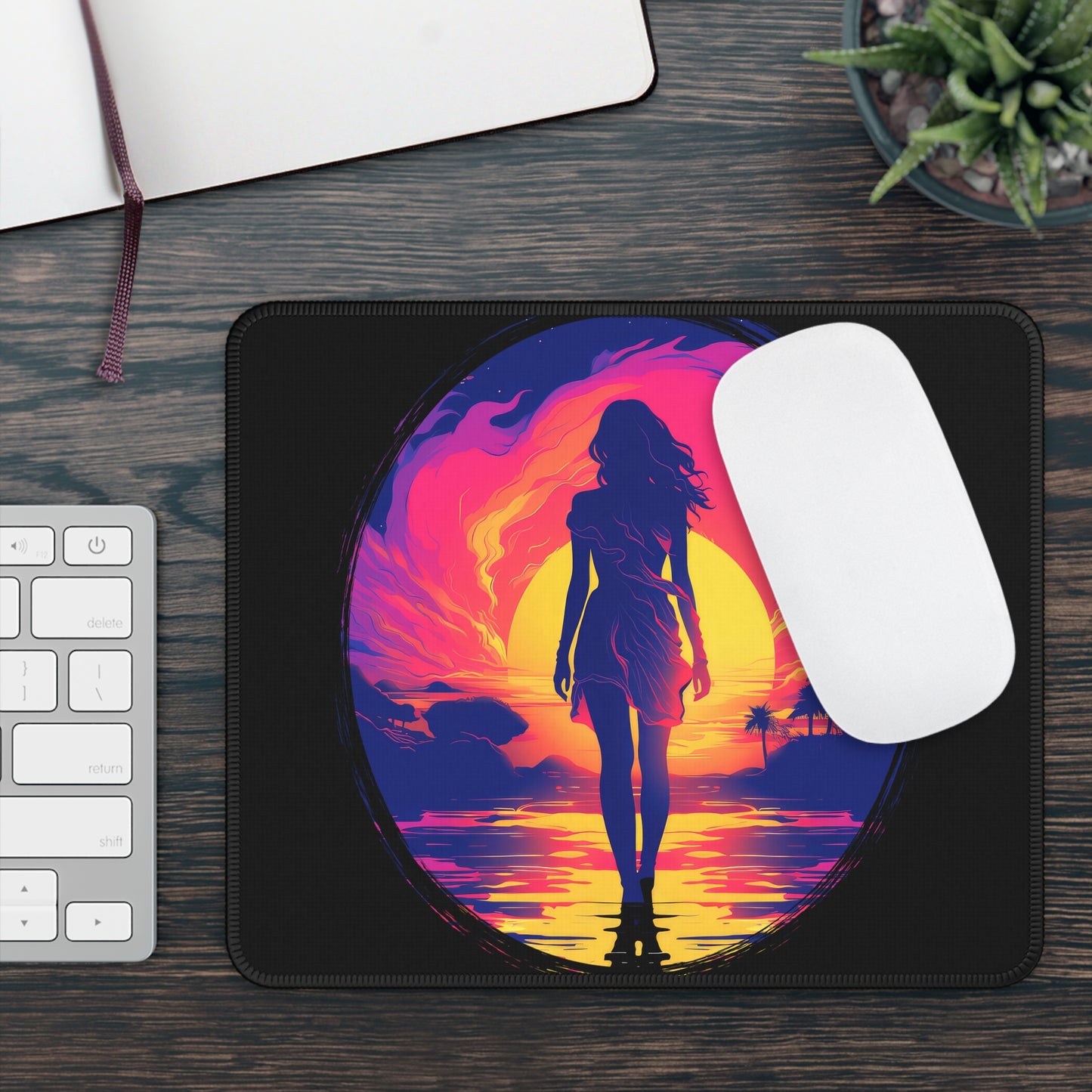 Neon Sunset Goddess Mouse Pad – 9x7 Neoprene Desk Mat with Tropical Vaporwave Aesthetic for Gamers and Office Setups