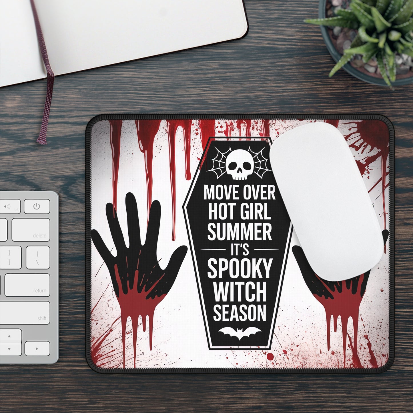 Spooky Witch Season Gaming Mouse Pad – 9x7 Neoprene Mouse Pad with Coffin Quote, Bloody Handprints, and Creepy Halloween Horror Design