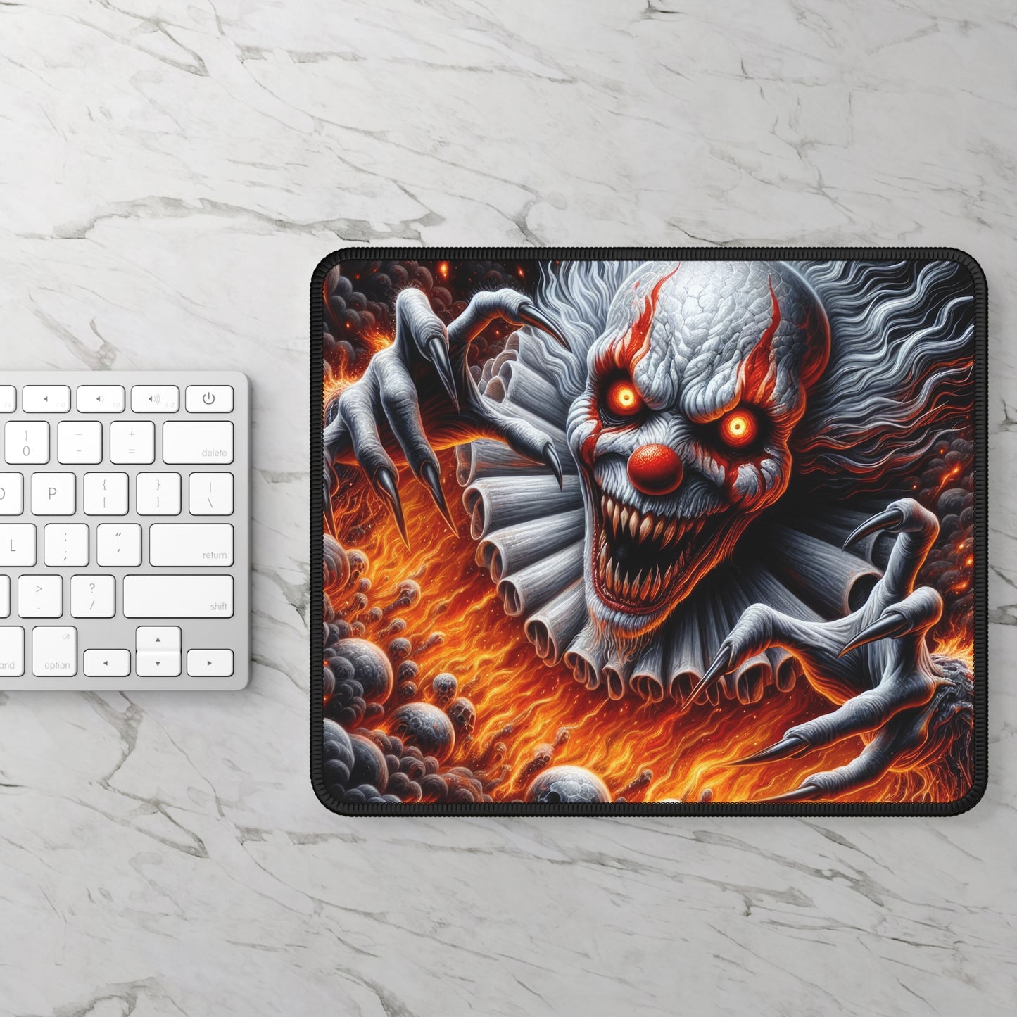 Evil Clown Horror Mouse Pad – 9x7 Neoprene Desk Mat with Creepy Circus and Fiery Nightmare Design