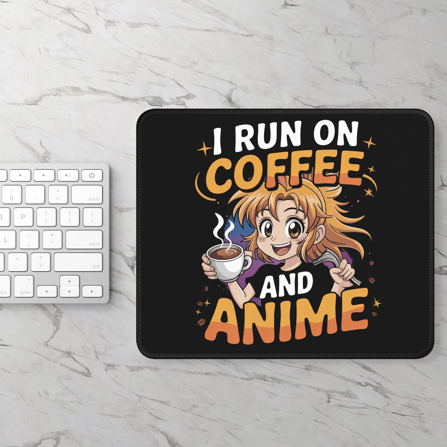 I Run on Coffee and Anime 9x7 Neoprene Desk Mat – Kawaii Otaku Mouse Pad with Espresso Energy