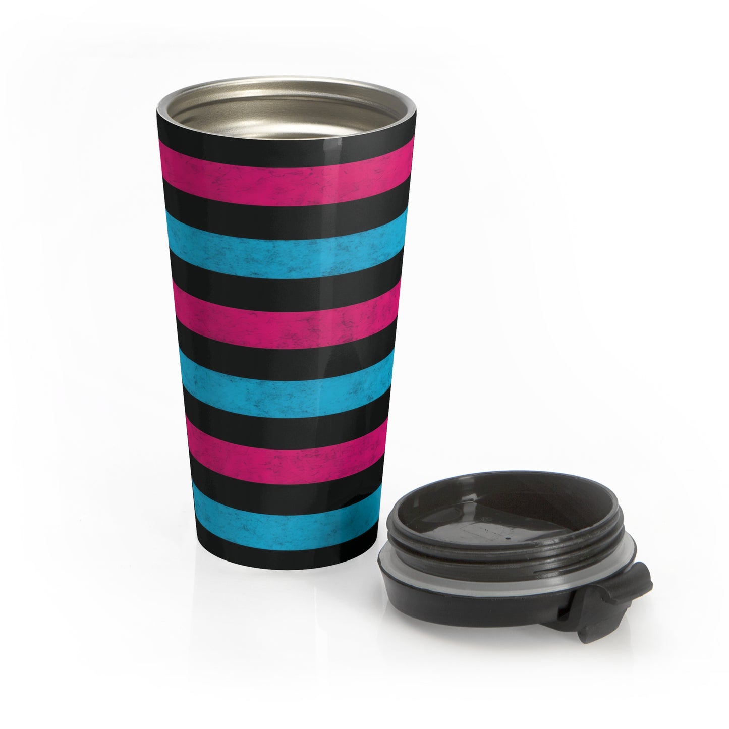 15oz “Scene Stripes” Stainless Steel Travel Mug – Pink, Blue & Black Pattern with Leak-Proof Lid