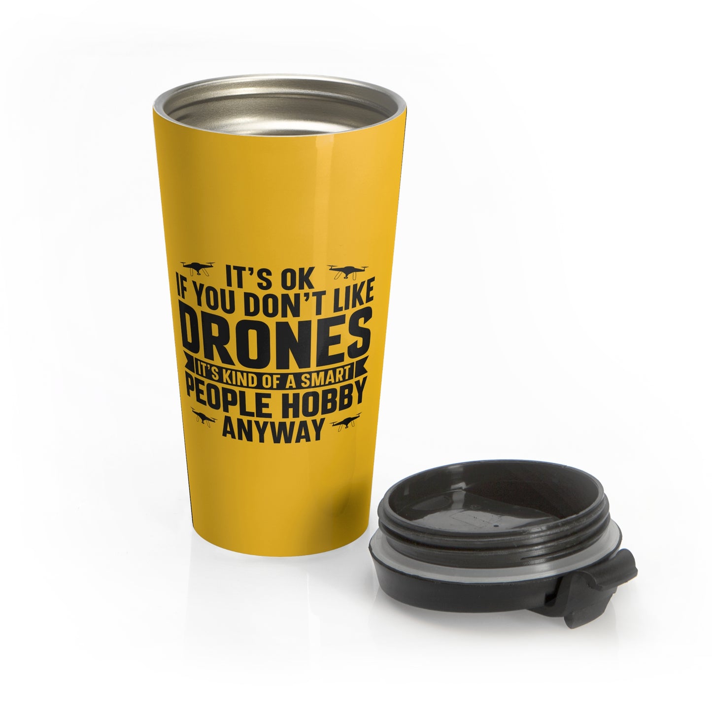 15oz “Smart People Hobby” Stainless Steel Travel Mug – Yellow Drone Design with Leak-Proof Lid