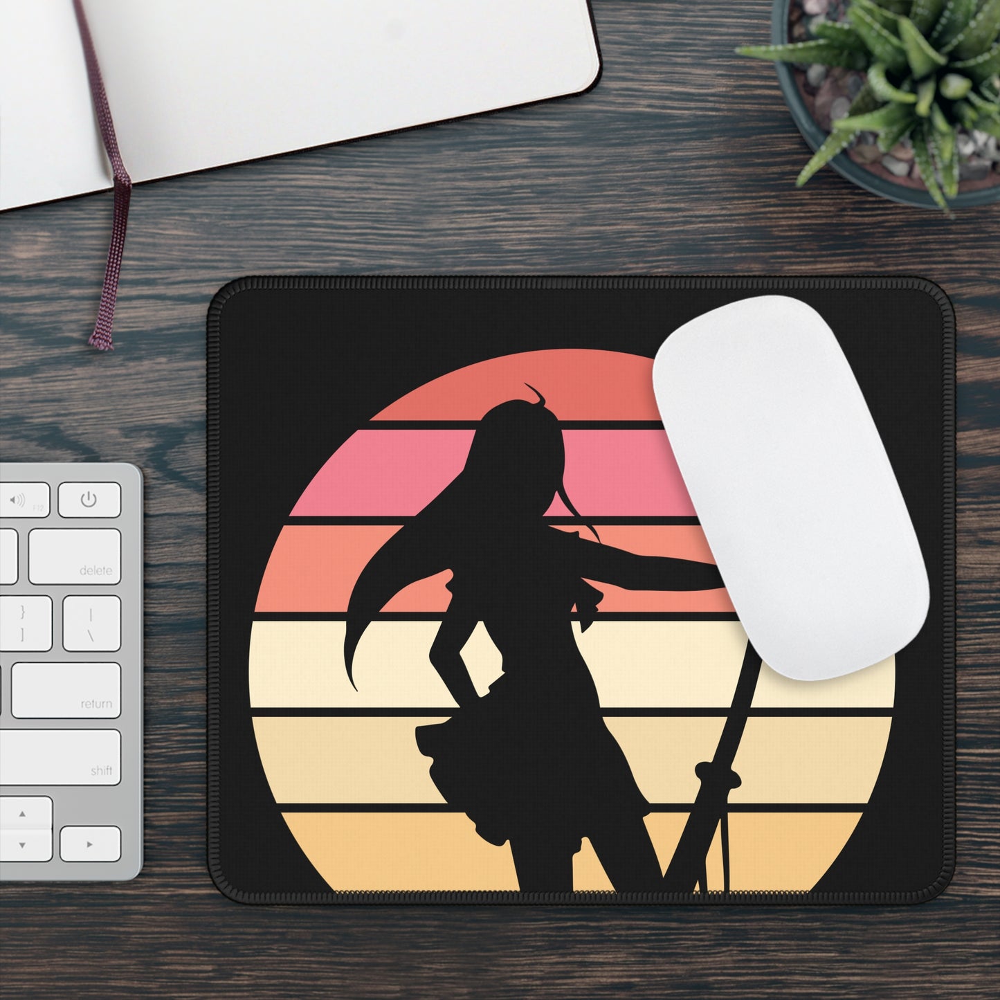 Anime Samurai Sunset Mouse Pad – 9x7 Neoprene Desk Mat with Retro Japanese Warrior Design for Gamers and Office Setups