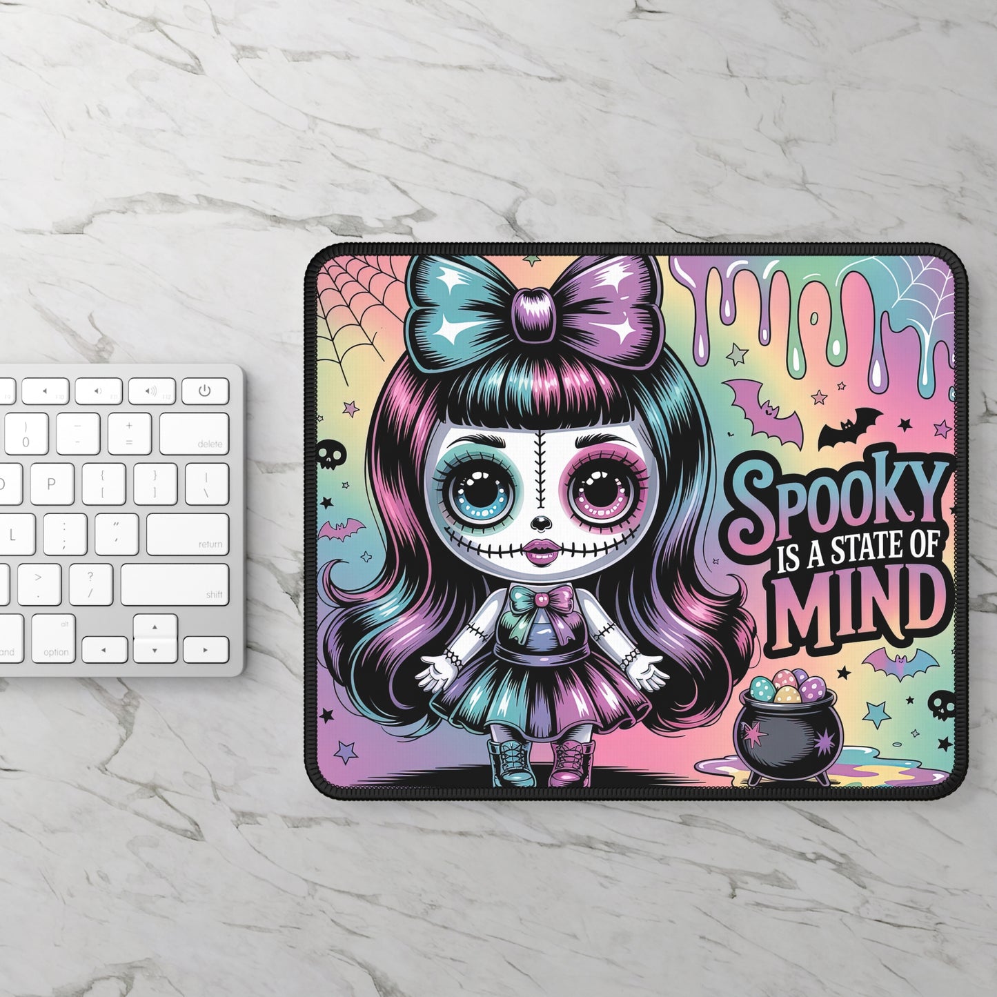 Spooky Doll Gaming Mouse Pad – 9x7 Neoprene Desk Mat with Gothic Pastel “Spooky Is a State of Mind” Design