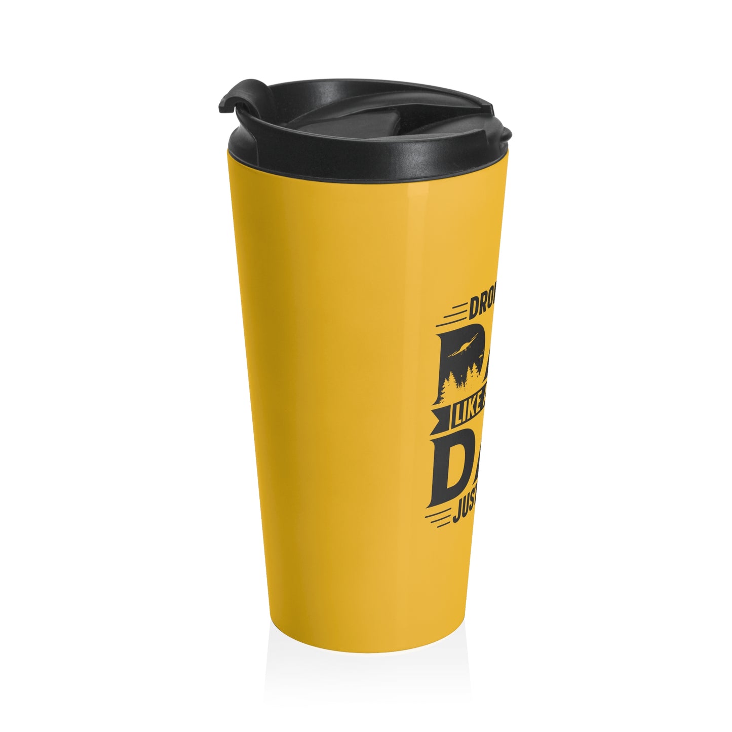 15oz “Drone Flying Dad” Stainless Steel Travel Mug – Bold Yellow Design with Leak-Proof Lid