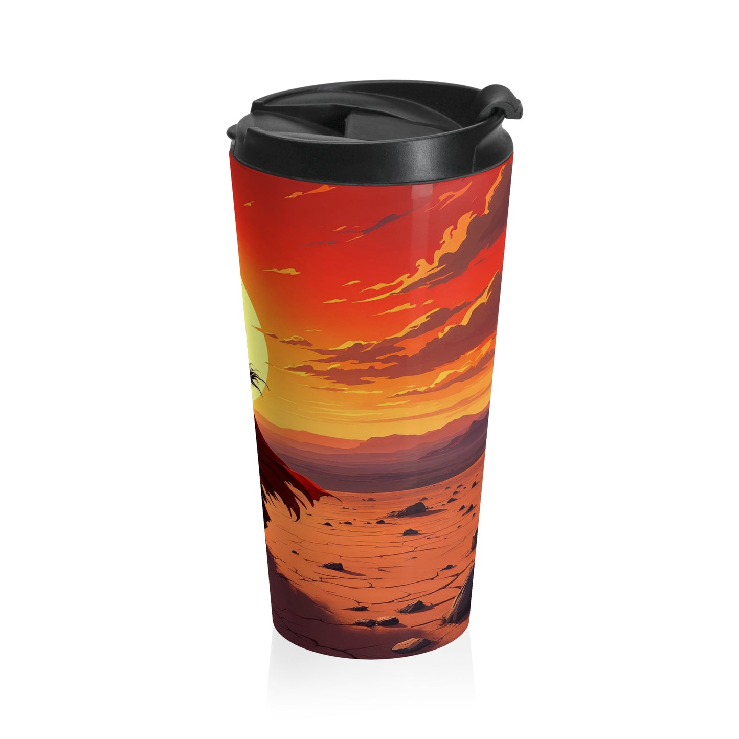 15oz Sunset Wanderer Stainless Steel Travel Mug – Cloaked Silhouette Design with Leak-Proof Lid