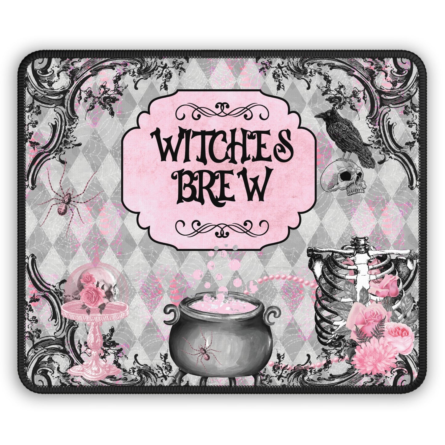 Witches Brew Halloween Gaming Mouse Pad – 9x7 Neoprene Mouse Pad with Gothic Pink Cauldron and Spooky Vintage Design