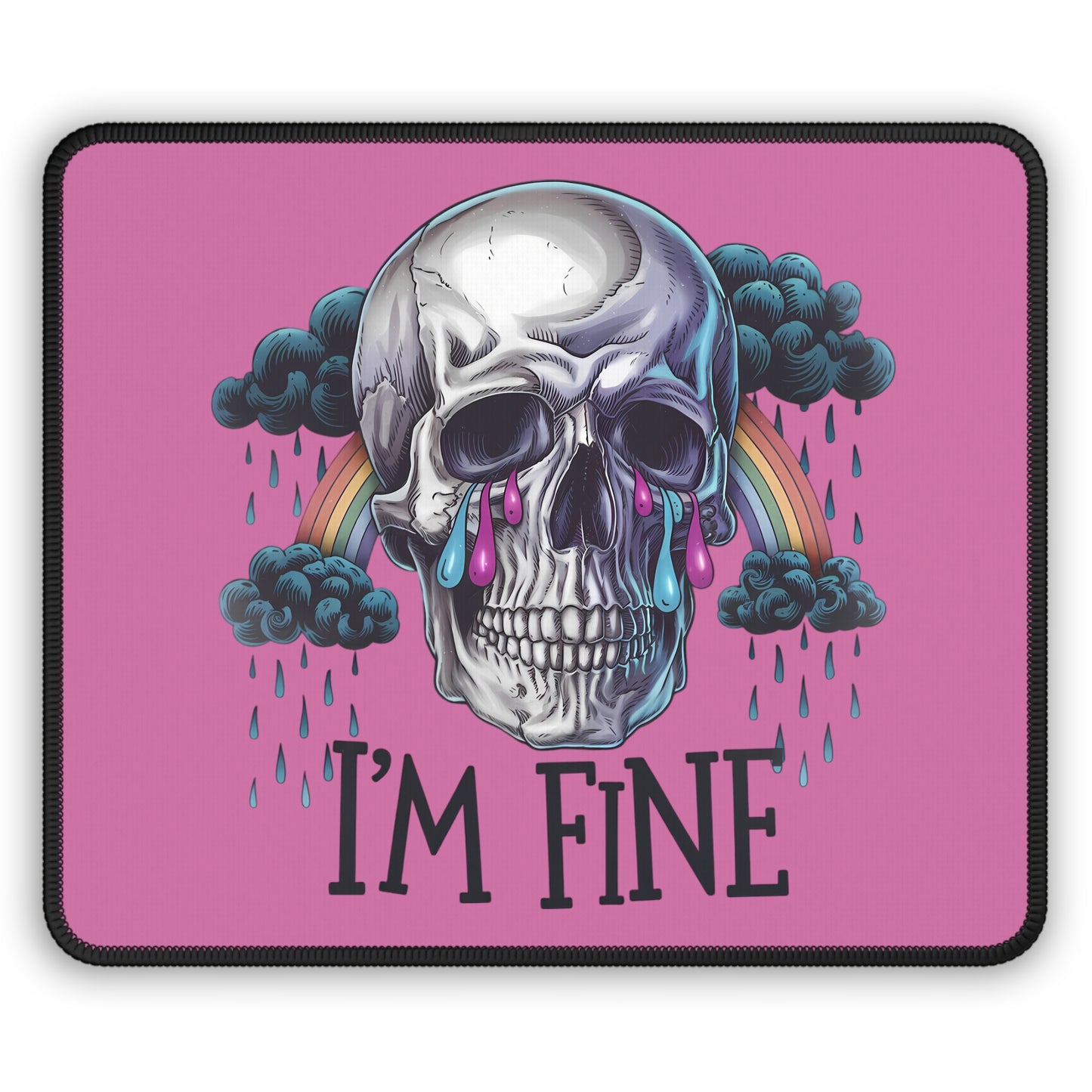 I’m Fine Skull 9x7 Neoprene Desk Mat – Gothic Rainbow Mouse Pad with Tears & Storm Clouds