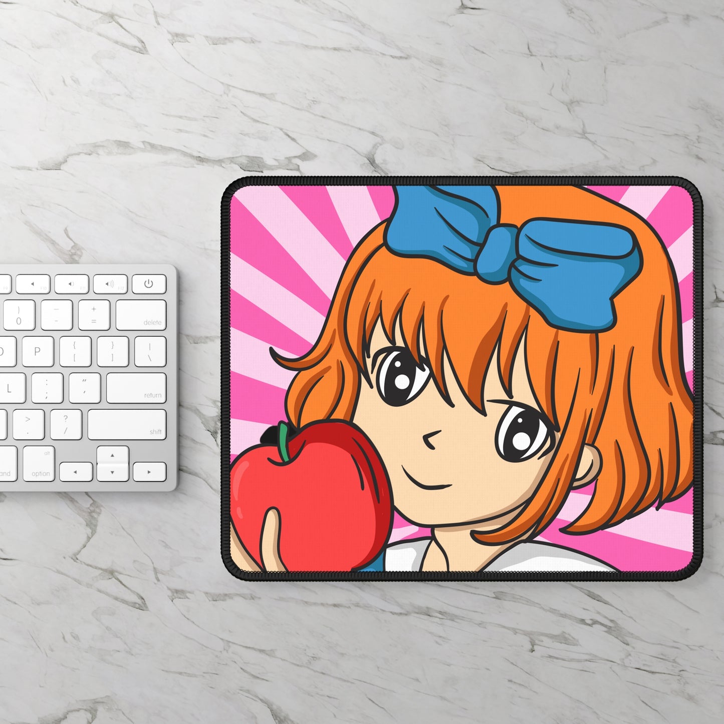 Anime Girl with Apple Mouse Pad – 9x7 Neoprene Desk Mat with Cute Kawaii Cartoon Design