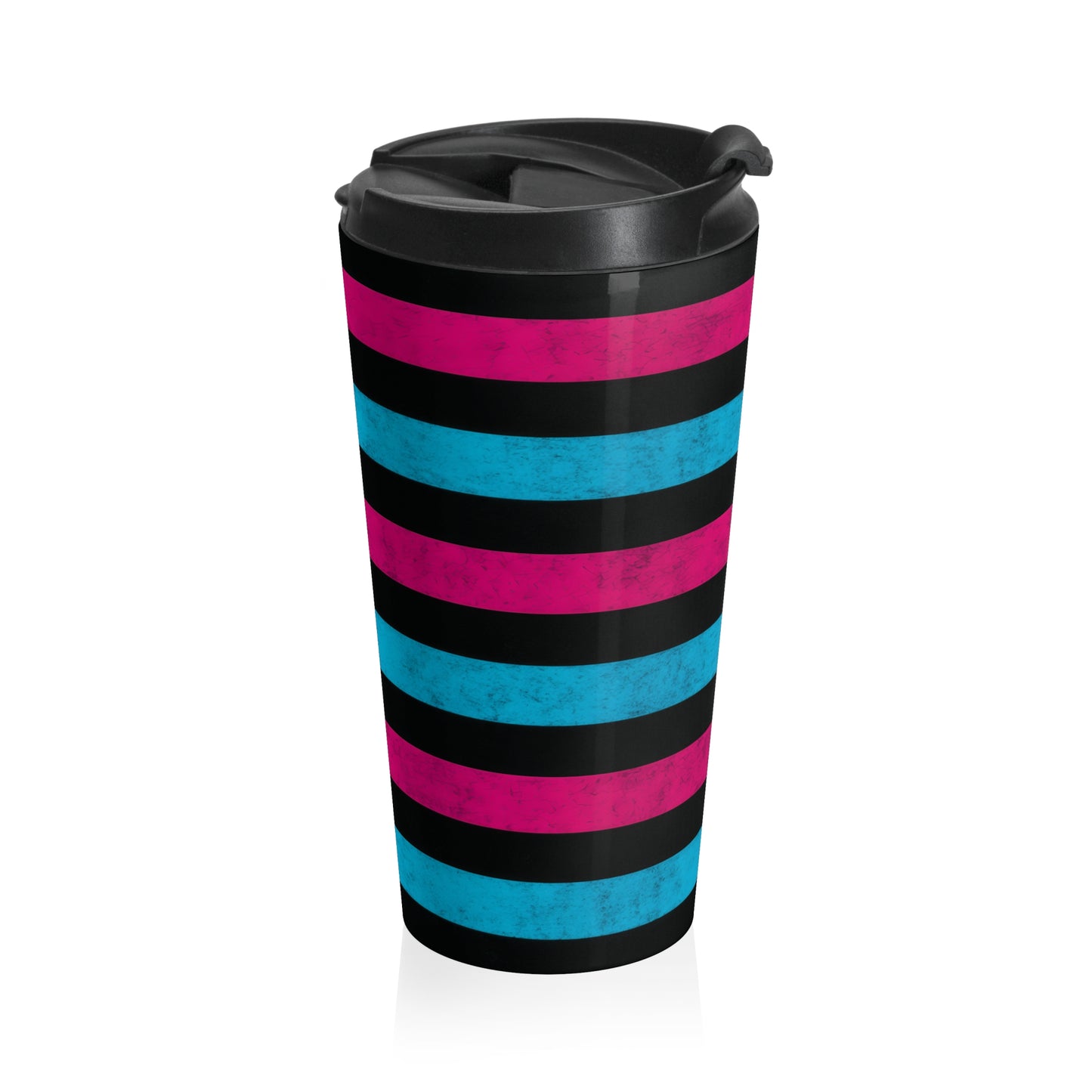 15oz “Scene Stripes” Stainless Steel Travel Mug – Pink, Blue & Black Pattern with Leak-Proof Lid