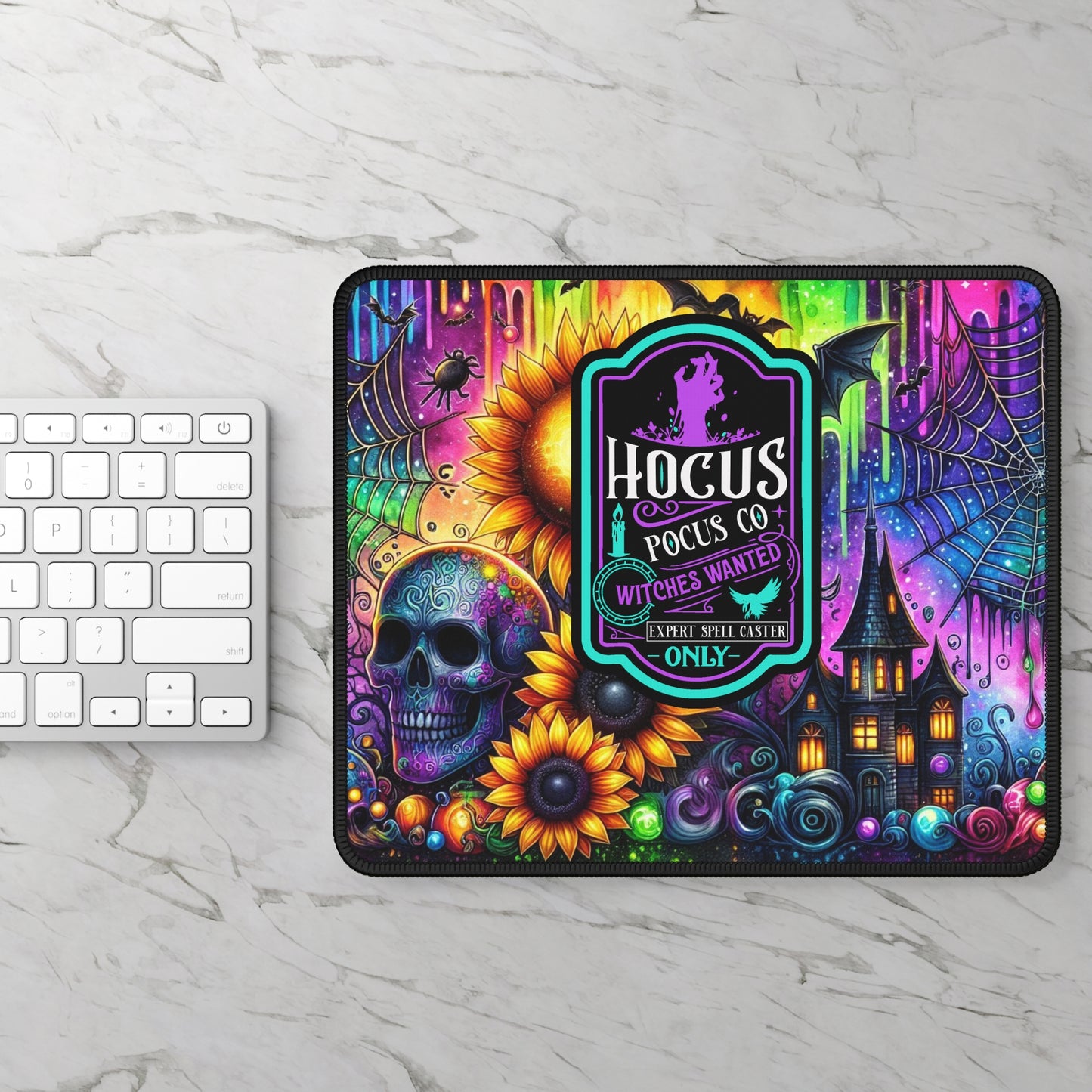 Hocus Pocus Halloween Gaming Mouse Pad – 9x7 Neoprene Mouse Pad with Neon Skulls, Sunflowers, and Gothic Spell Caster Design