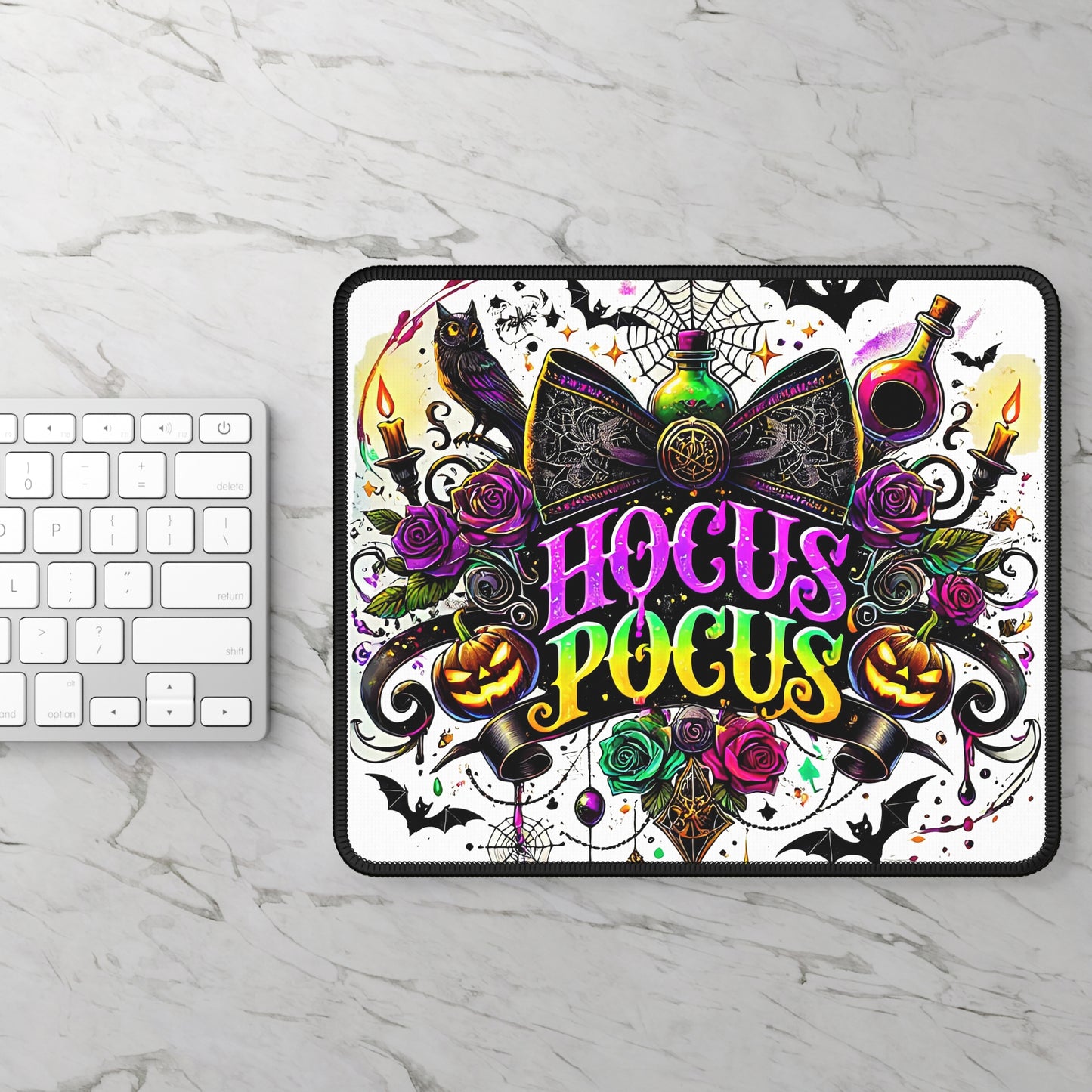 Hocus Pocus Gothic Bow Mouse Pad – 9x7 Neoprene Desk Mat with Pumpkins, Potions, and Mystical Owl Design