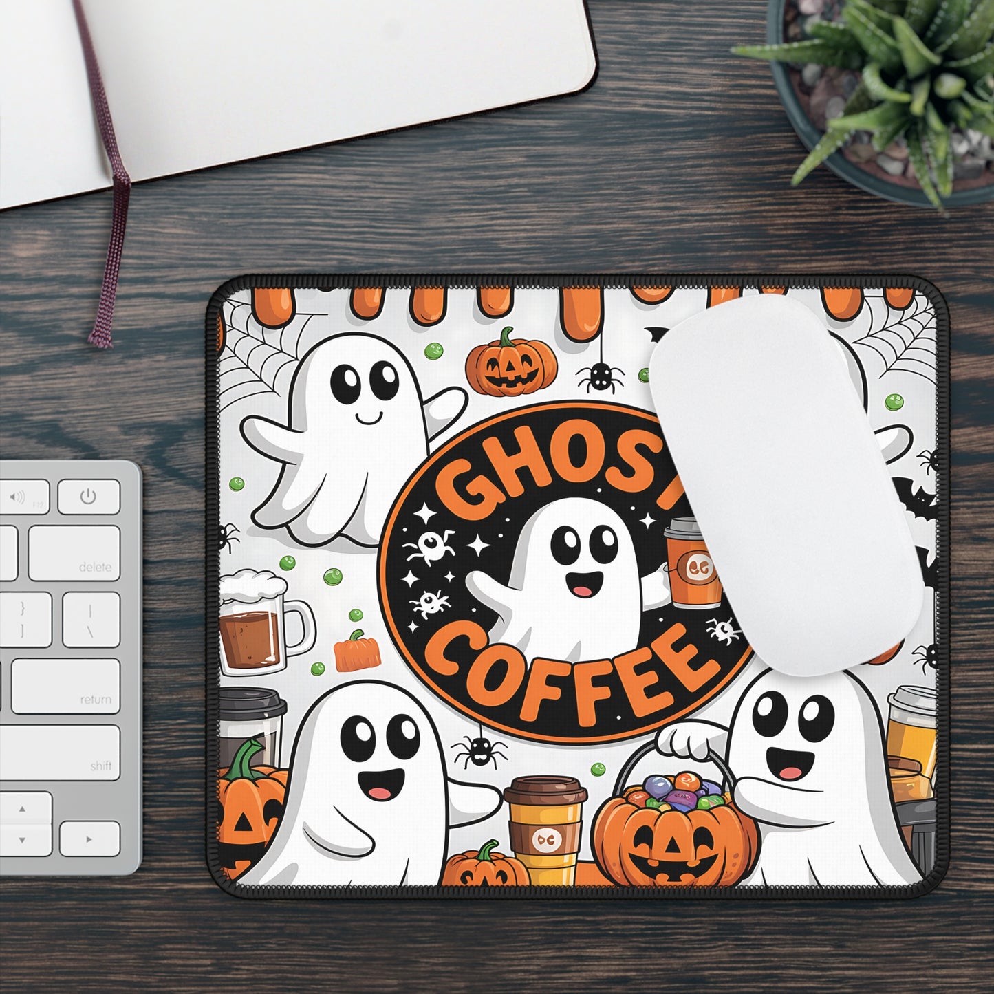 Ghost Coffee Halloween Gaming Mouse Pad – 9x7 Neoprene Mouse Pad with Cute Ghosts, Pumpkins, and Spooky Coffee Shop Design
