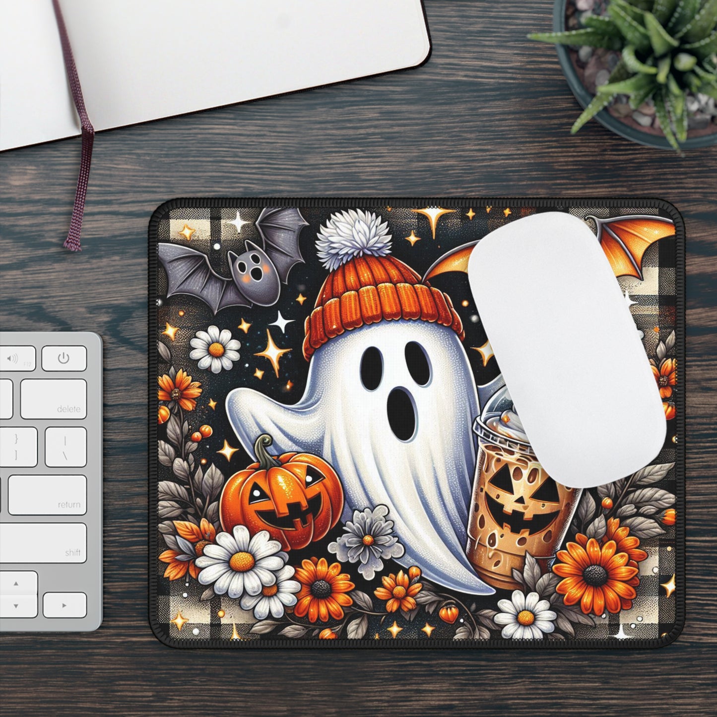 Cozy Ghost Halloween Gaming Mouse Pad – 9x7 Neoprene Mouse Pad with Pumpkin Spice Latte, Bats, and Autumn Floral Design