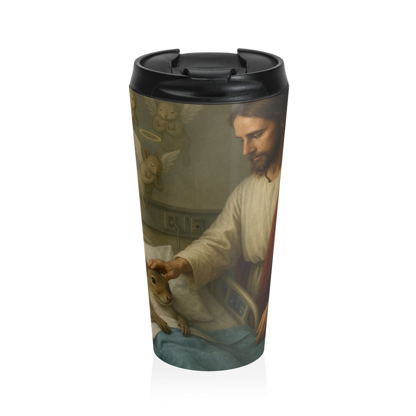 15oz Divine Comfort Stainless Steel Travel Mug – Sacred Hospital Scene with Leak-Proof Lid