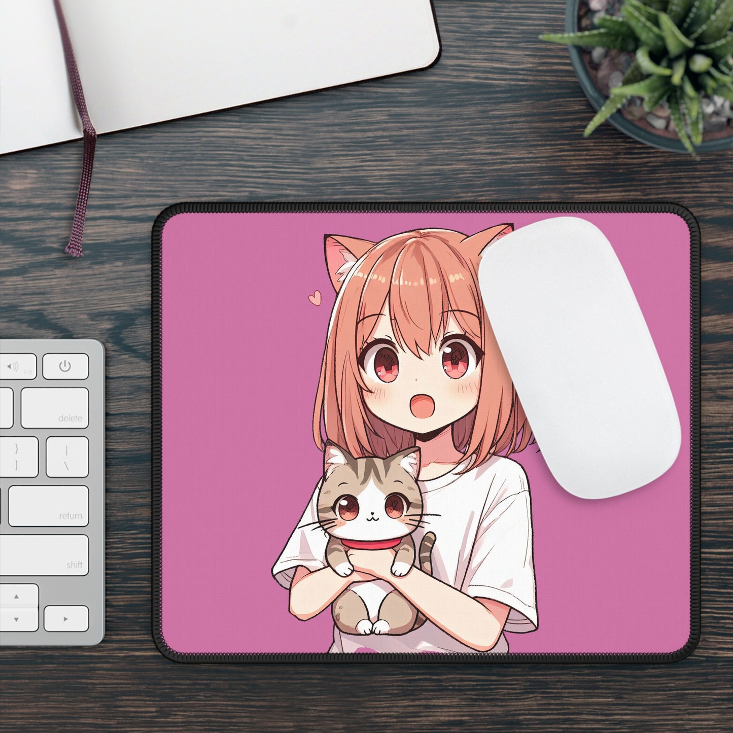 The Anime Catgirl 9x7 Neoprene Desk Mat – Kawaii Pink Mouse Pad with Neko Companion
