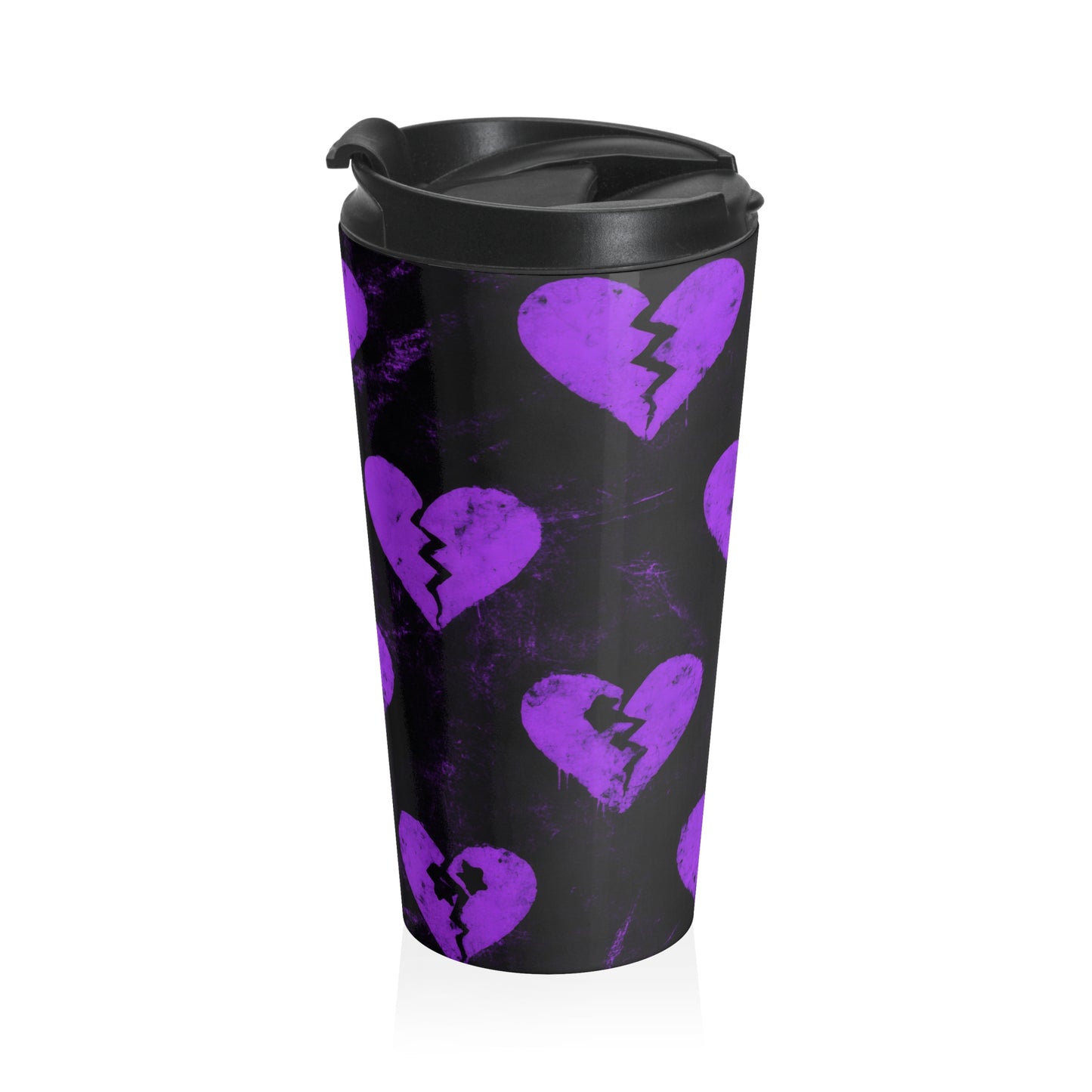 15oz “Broken Hearts & Black Coffee” Stainless Steel Travel Mug – Purple Heart Pattern on Black with Leak-Proof Lid