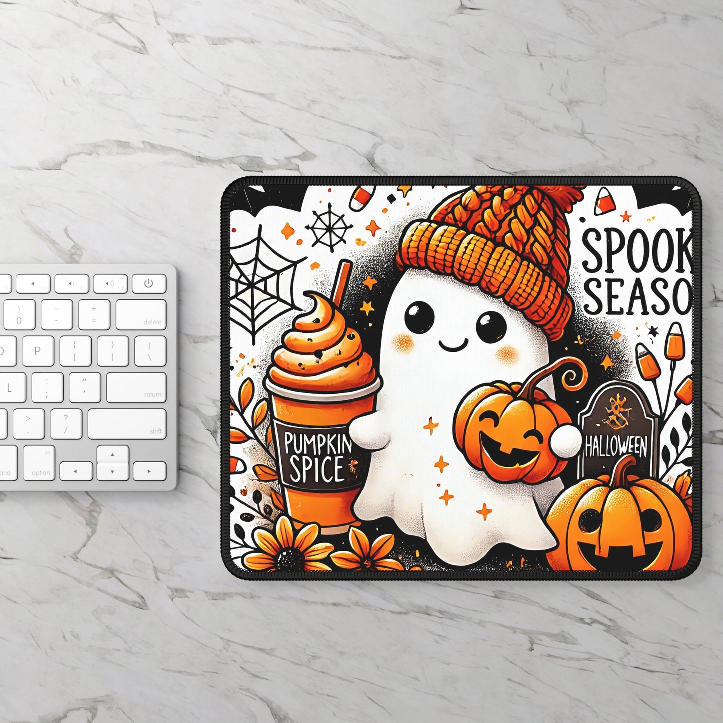 Pumpkin Spice Ghost Gaming Mouse Pad – 9x7 Neoprene Mouse Pad with Cute Ghost, Jack-O’-Lanterns, and Spooky Season Coffee Design