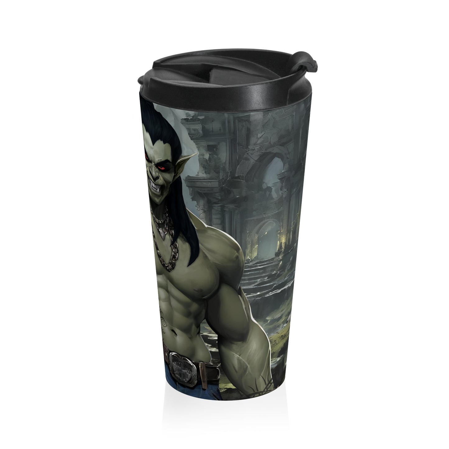 15oz Orc Warrior Stainless Steel Travel Mug – Fantasy Forest Design with Leak-Proof Lid