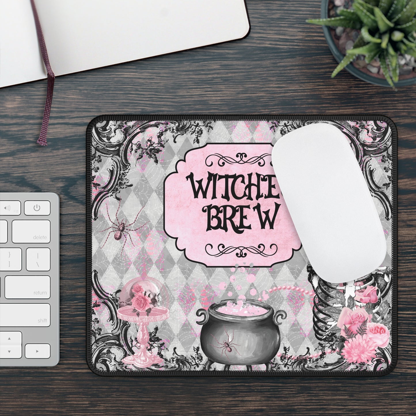 Witches Brew Halloween Gaming Mouse Pad – 9x7 Neoprene Mouse Pad with Gothic Pink Cauldron and Spooky Vintage Design