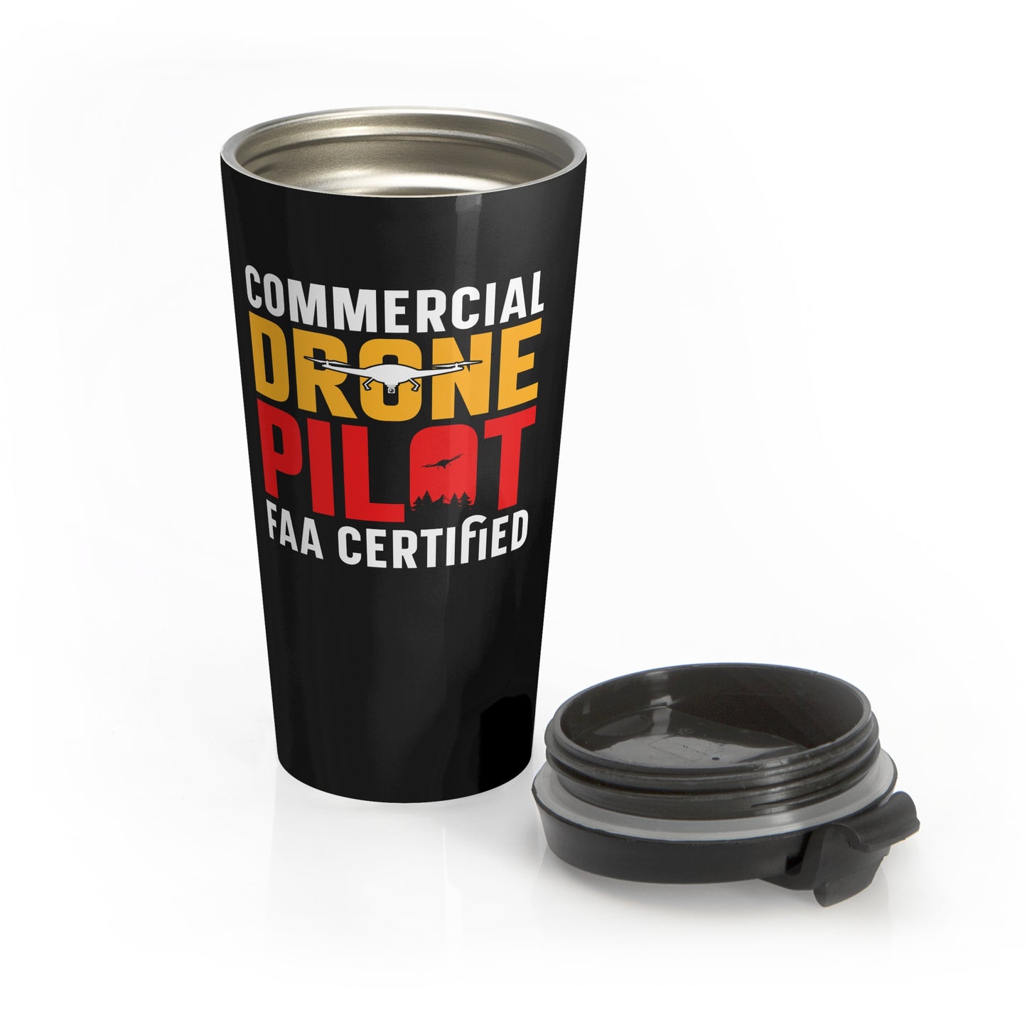 15oz “Commercial Drone Pilot” Stainless Steel Travel Mug – FAA Certified Black Design with Leak-Proof Lid