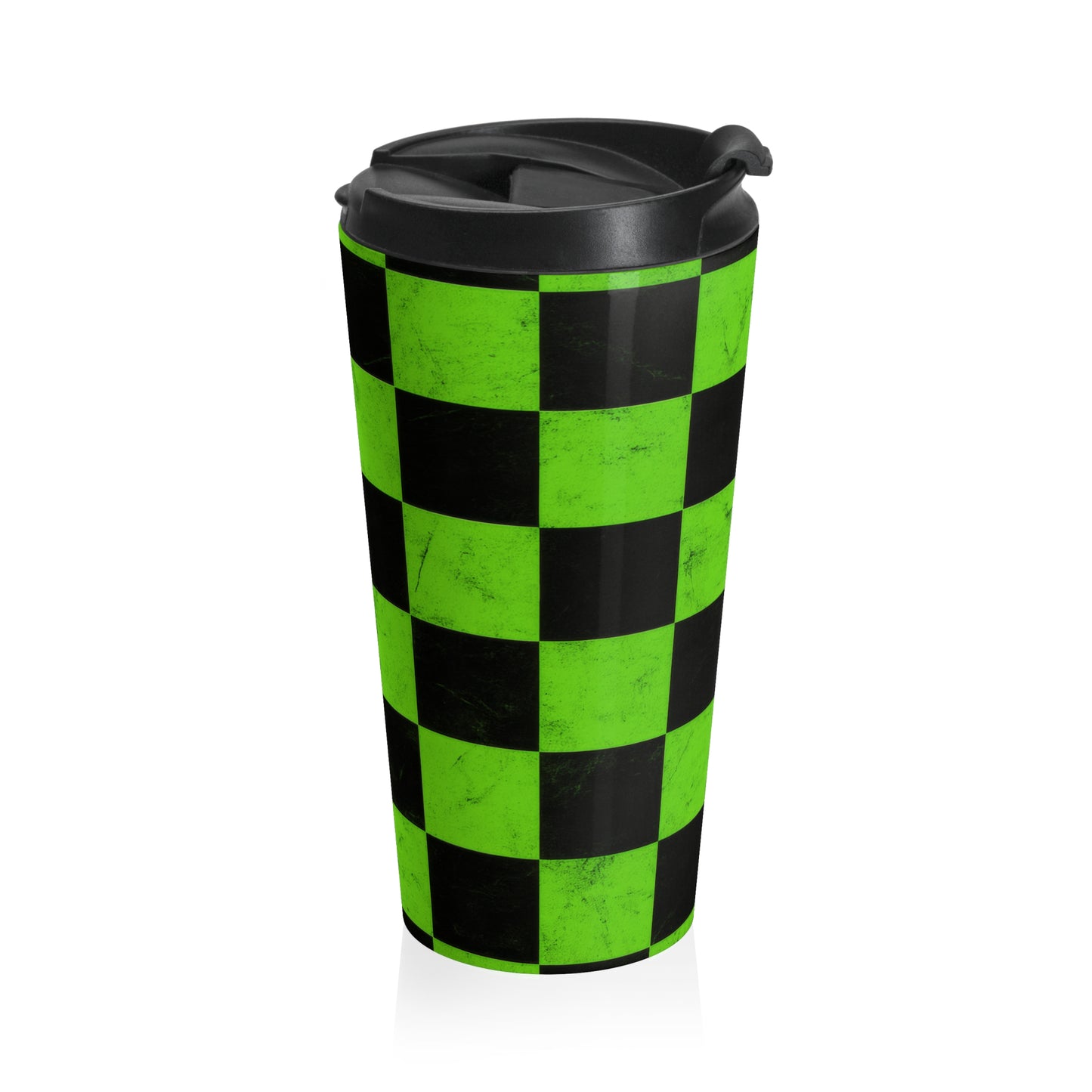 15oz “Checkered Past” Stainless Steel Travel Mug – Green & Black Grid Design with Leak-Proof Lid