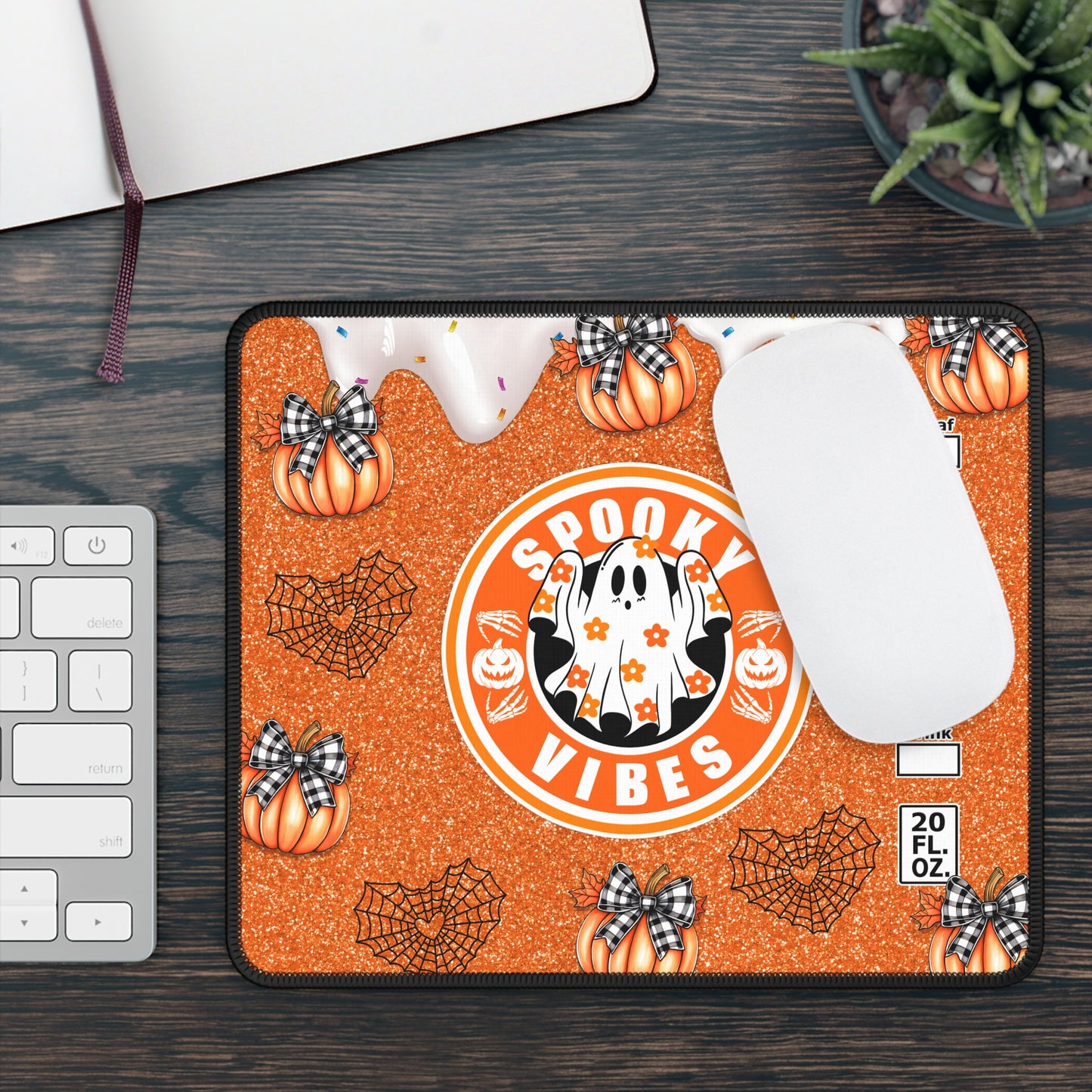 Spooky Vibes Halloween Gaming Mouse Pad – 9x7 Neoprene Mouse Pad with Ghost, Pumpkins, and Coffee-Inspired Design