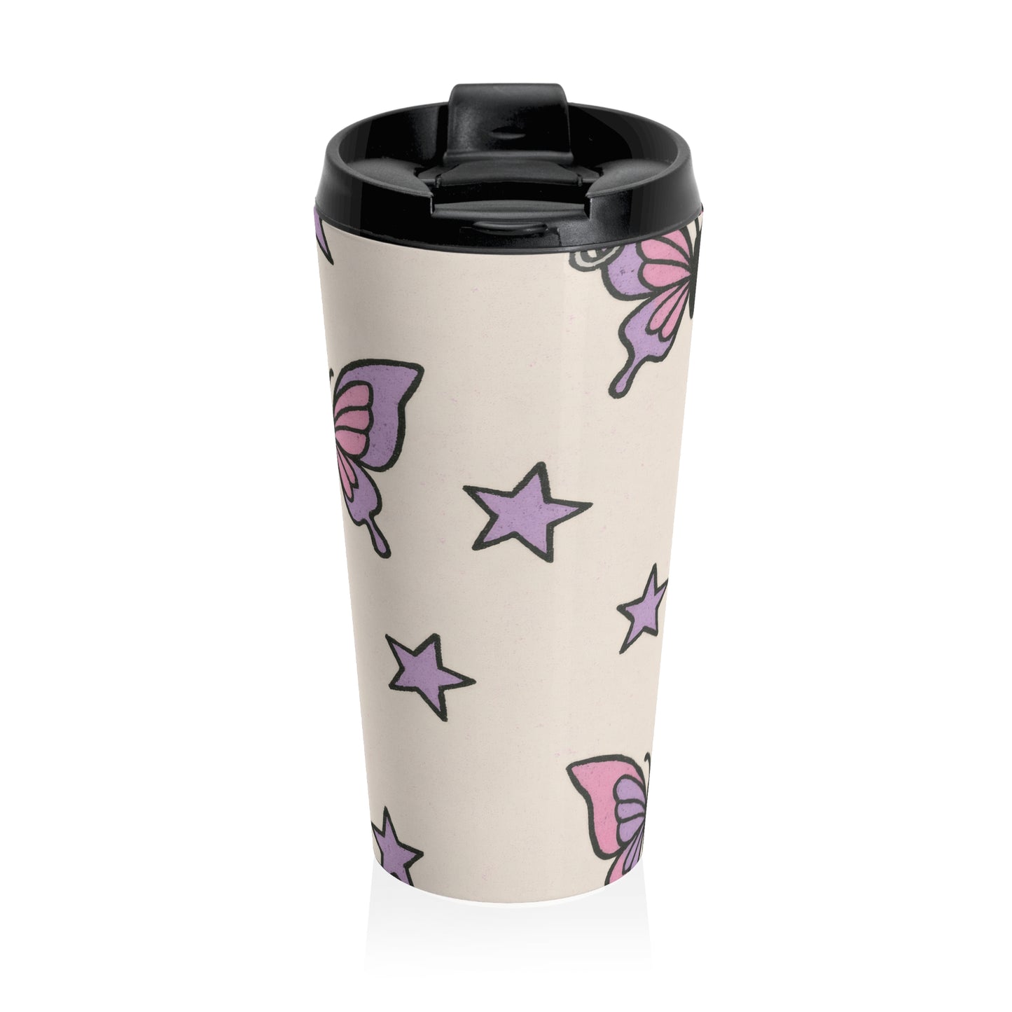 15oz “Butterfly Constellation” Stainless Steel Travel Mug – Purple Whimsy Pattern on Beige with Leak-Proof Lid