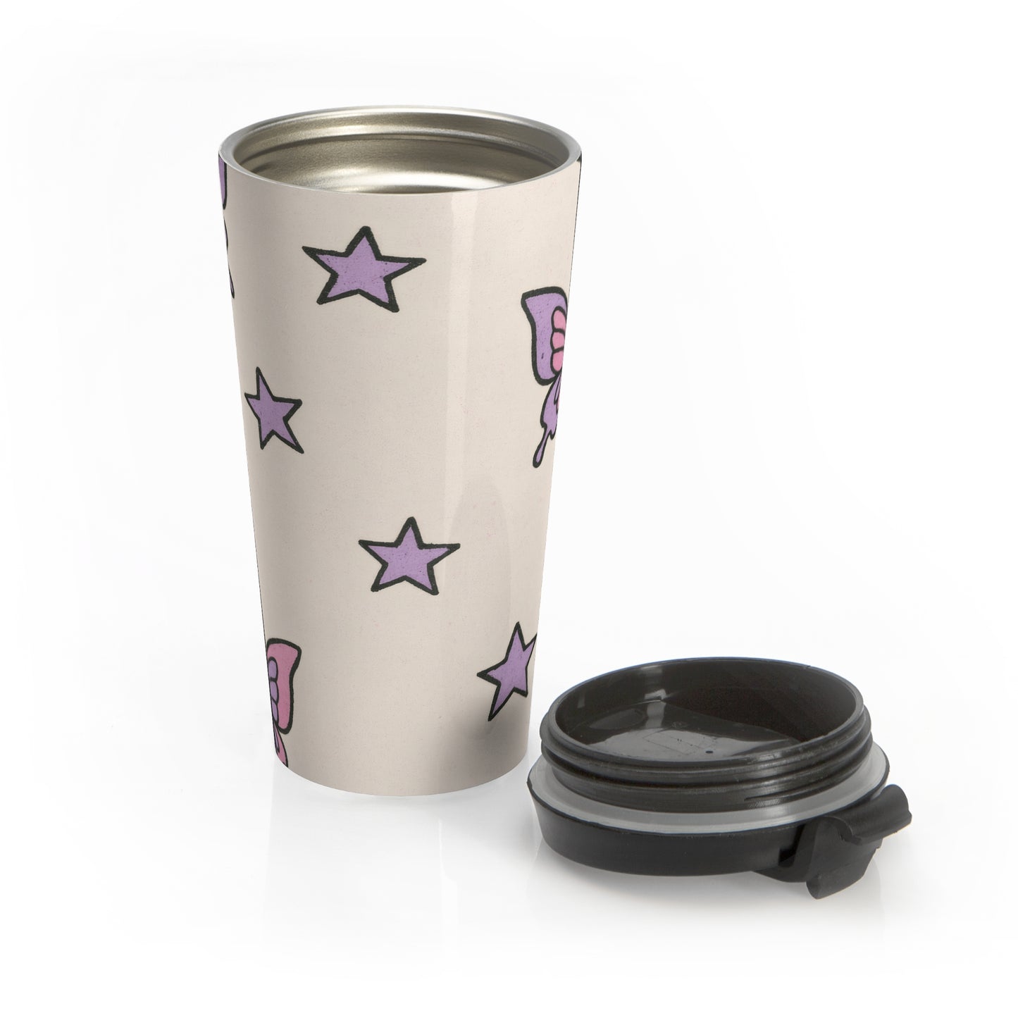 15oz “Butterfly Constellation” Stainless Steel Travel Mug – Purple Whimsy Pattern on Beige with Leak-Proof Lid