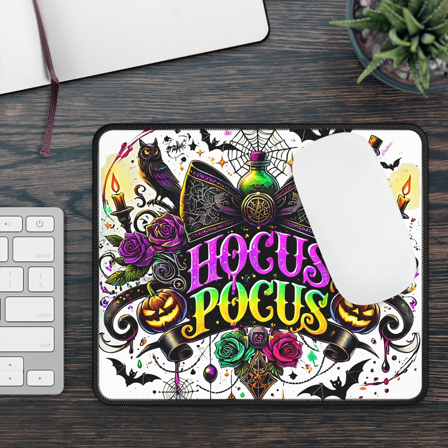 Hocus Pocus Gothic Bow Mouse Pad – 9x7 Neoprene Desk Mat with Pumpkins, Potions, and Mystical Owl Design
