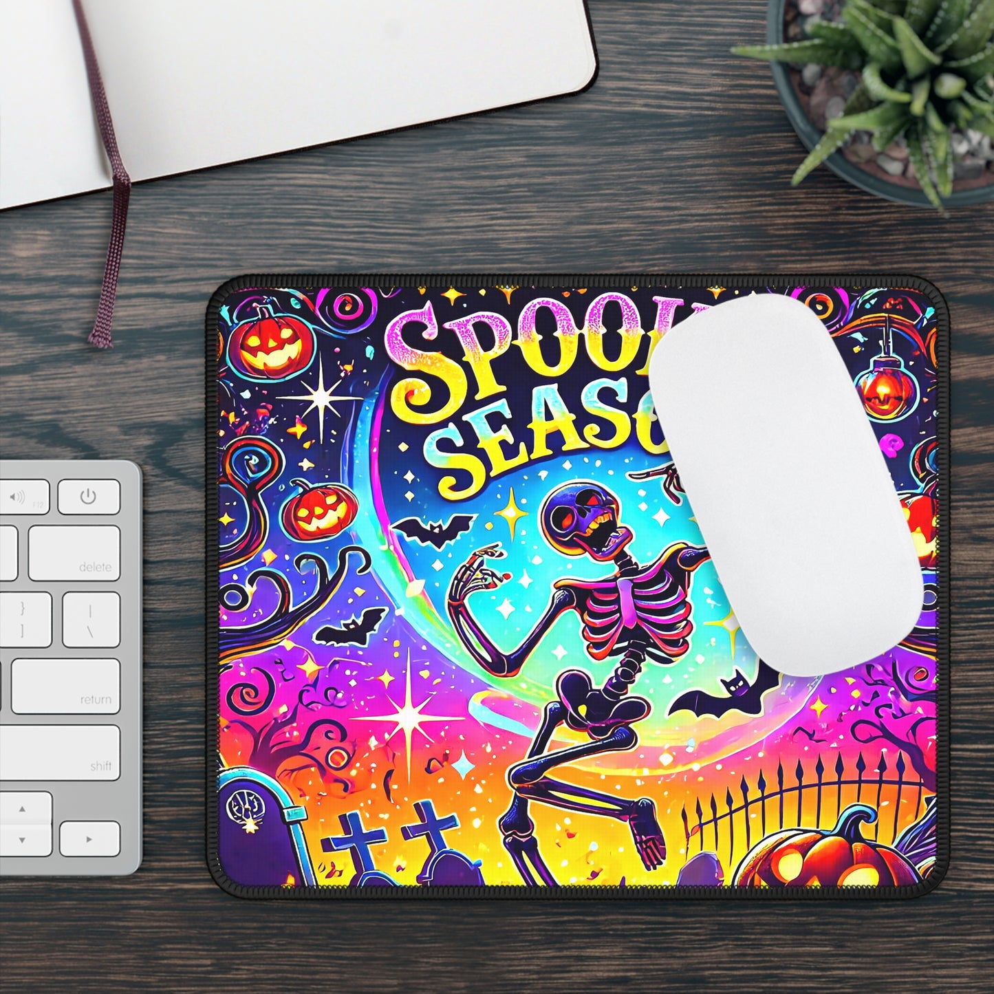 Spooky Season Gaming Mouse Pad – 9x7 Neoprene Mouse Pad with Neon Skeleton, Pumpkins, and Halloween Graveyard Design