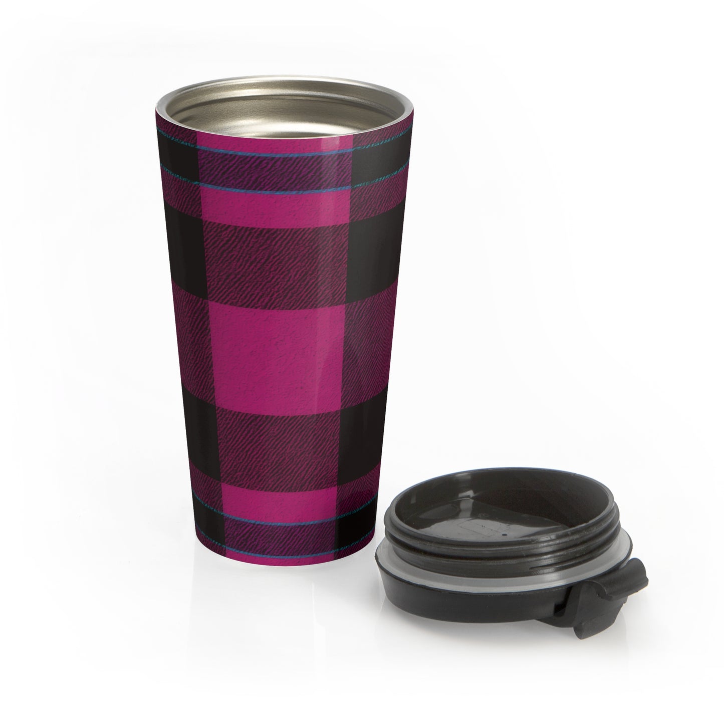 15oz “Plaid Panic” Stainless Steel Travel Mug – Magenta & Black Tartan with Blue Accents and Leak-Proof Lid