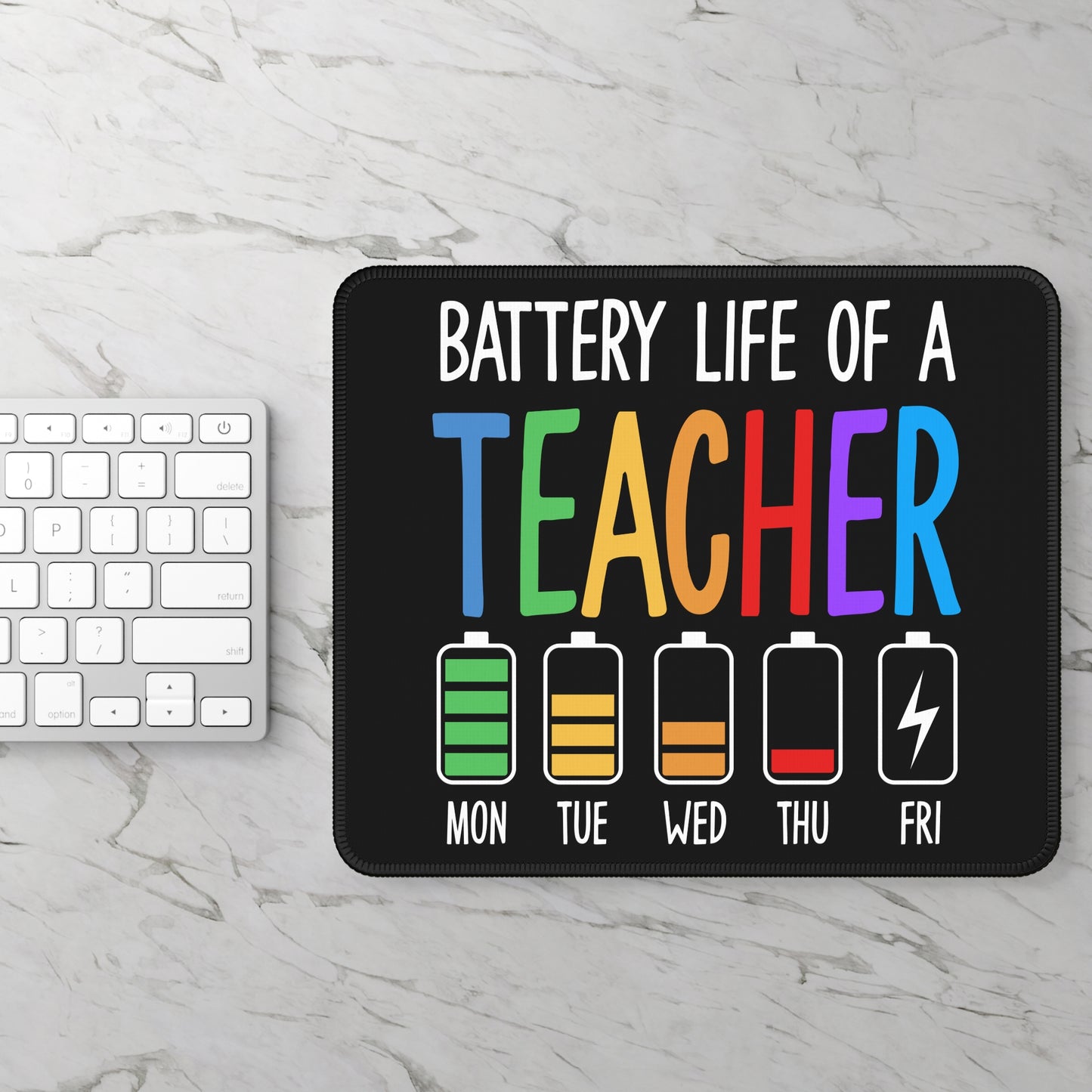 Teacher Battery Life 9x7 Neoprene Desk Mat – Weekly Energy Drain Mouse Pad