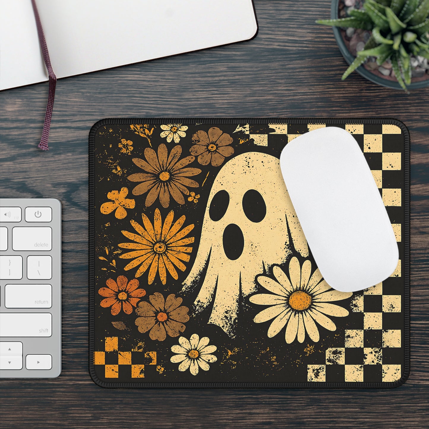 Vintage Floral Ghost Halloween Gaming Mouse Pad – 9x7 Neoprene Mouse Pad with Retro Checkerboard and Fall Flower Design