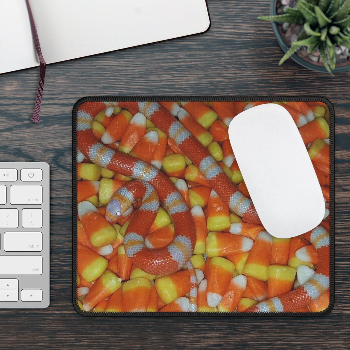 Candy Corn Snake Mouse Pad – 9x7 Neoprene Desk Mat with Spooky Halloween Design for Gamers and Office Setups