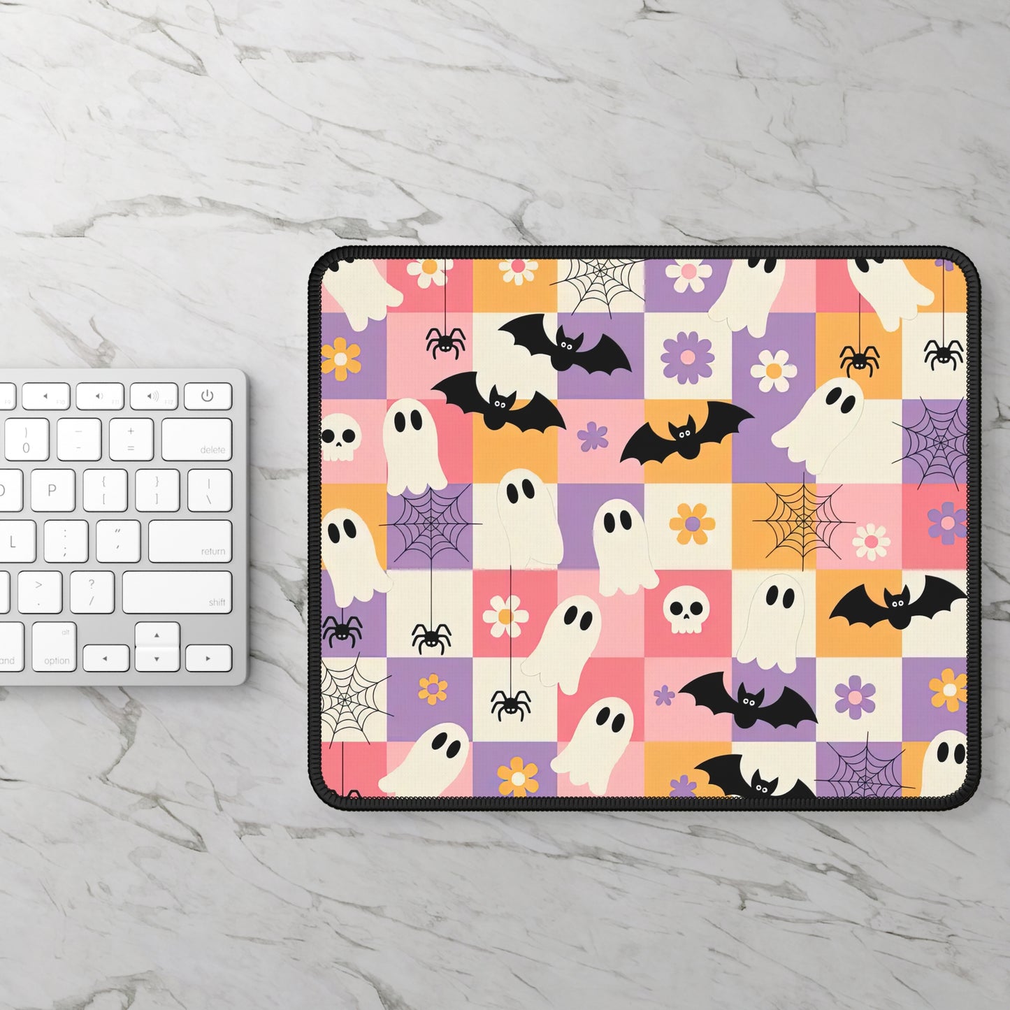 Pastel Ghosts and Bats Mouse Pad – 9x7 Neoprene Desk Mat with Halloween Patchwork Design