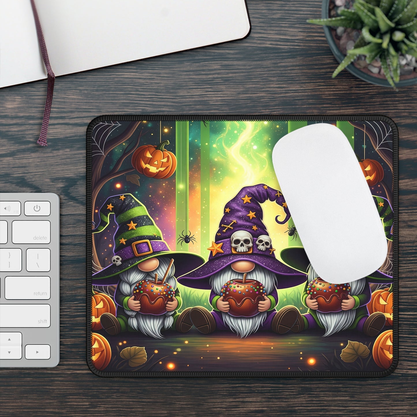 Halloween Gnome Witches Gaming Mouse Pad – 9x7 Neoprene Desk Mat with Spooky Pumpkins and Candy Apples Design