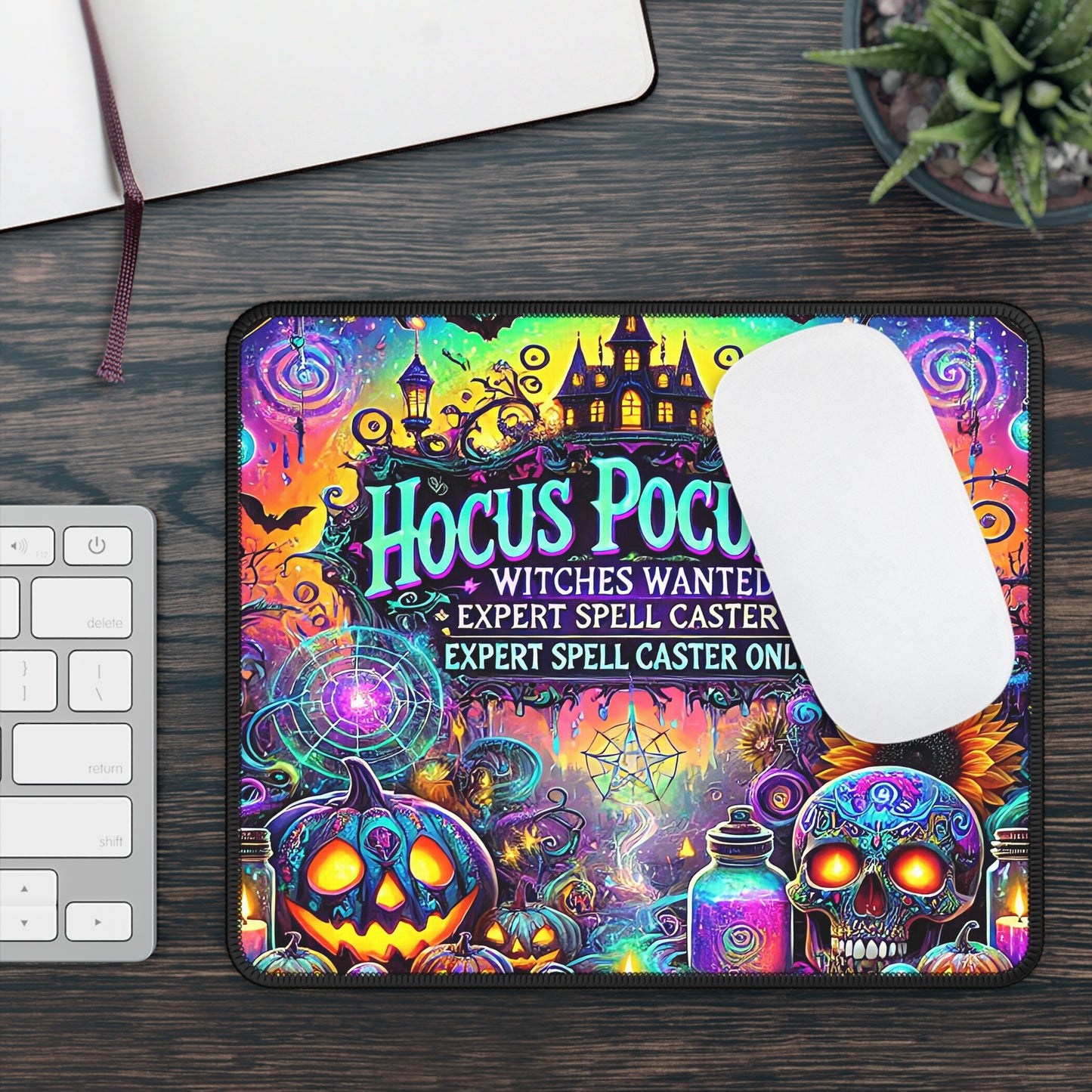 Hocus Pocus Co. Neon Witches Wanted Mouse Pad – 9x7 Neoprene Desk Mat with Gothic Pumpkins, Skulls, and Magical Potion Artwork