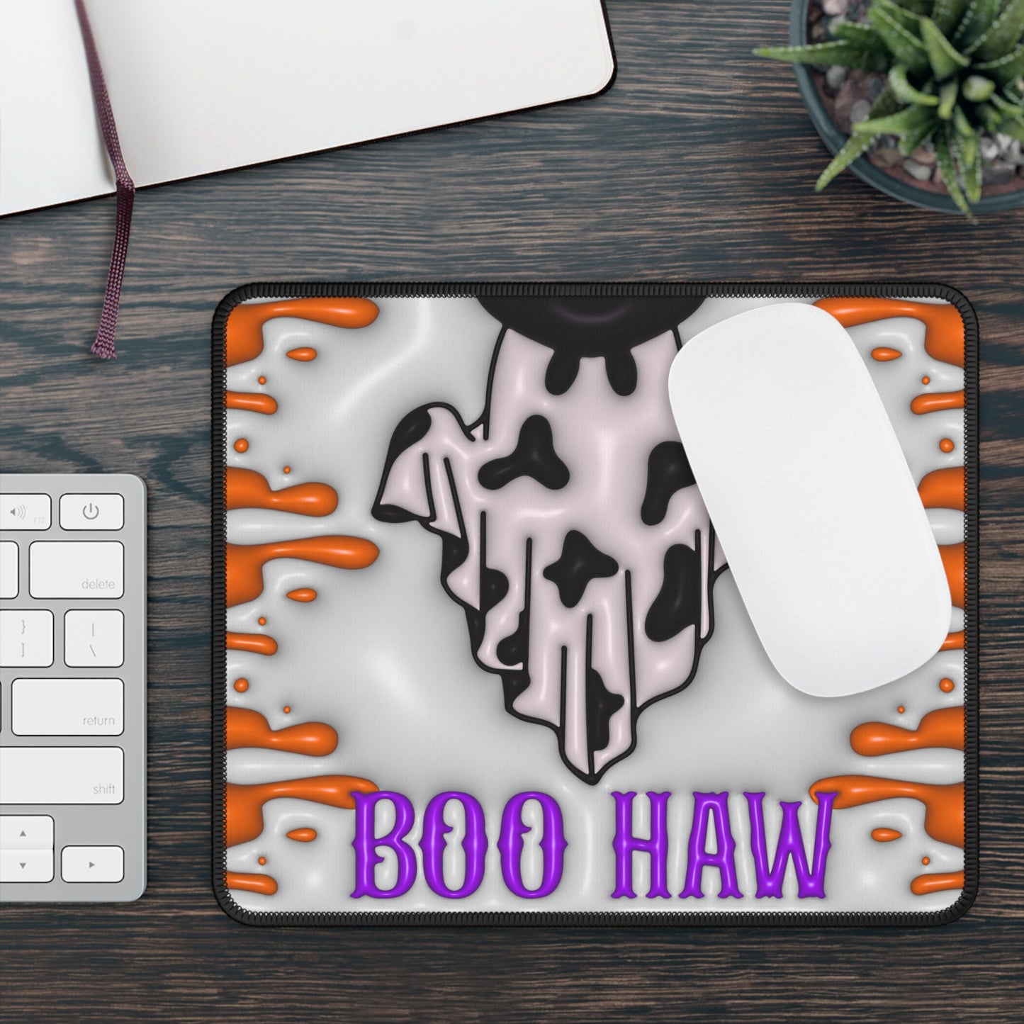Boo Haw Halloween Gaming Mouse Pad – 9x7 Neoprene Mouse Pad with Cow Print Ghost and Spooky Western Design