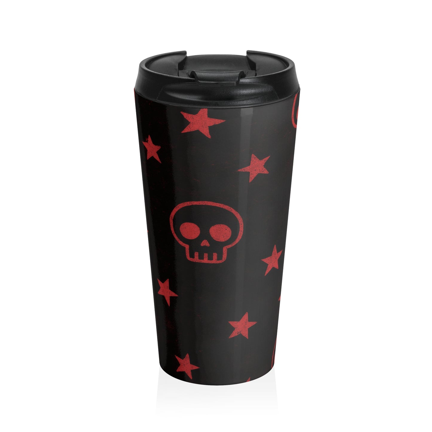 15oz “Skulls & Stars” Stainless Steel Travel Mug – Red Gothic Pattern on Black with Leak-Proof Lid