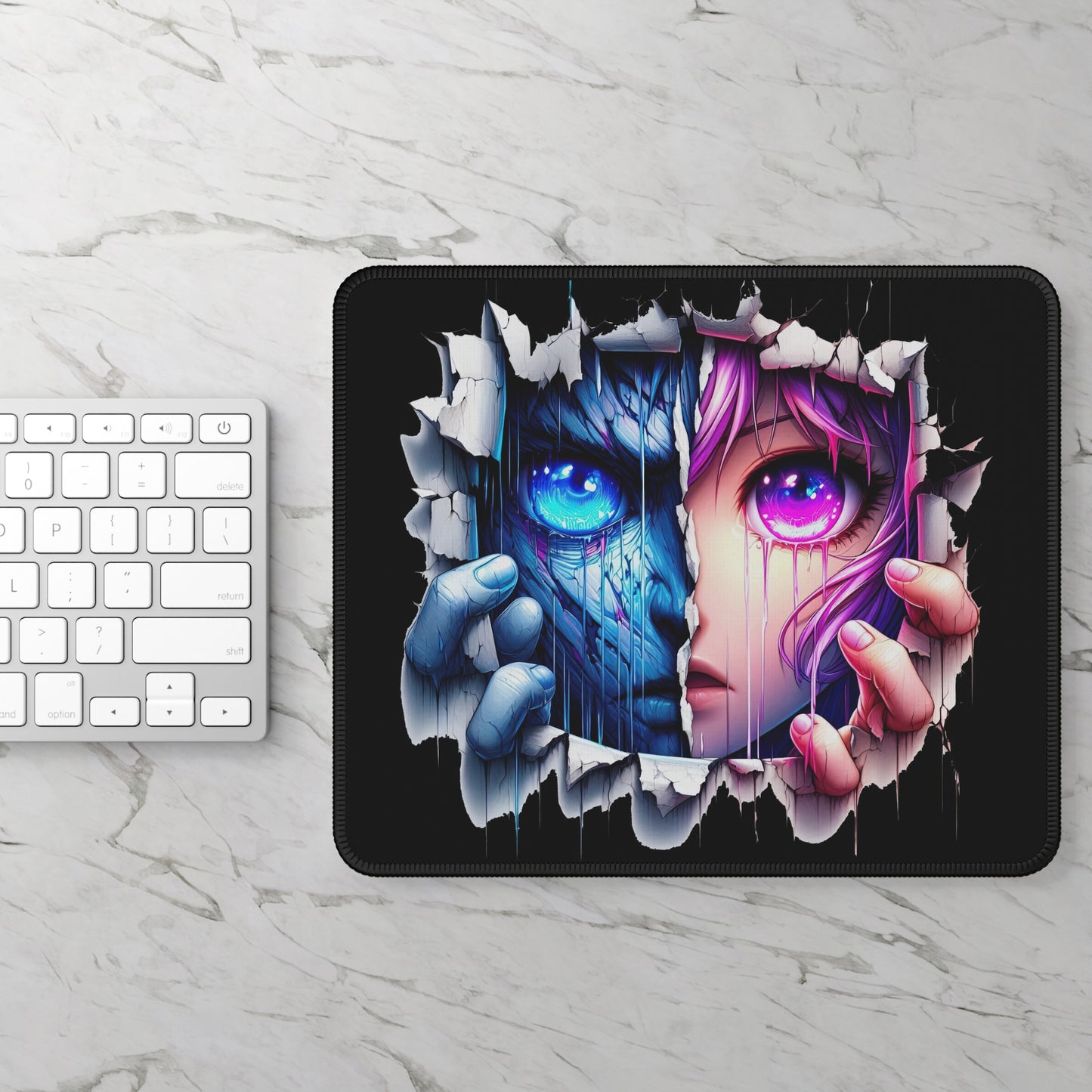 Split Realms 9x7 Neoprene Desk Mat – Cyberpunk vs. Human Anime Mouse Pad