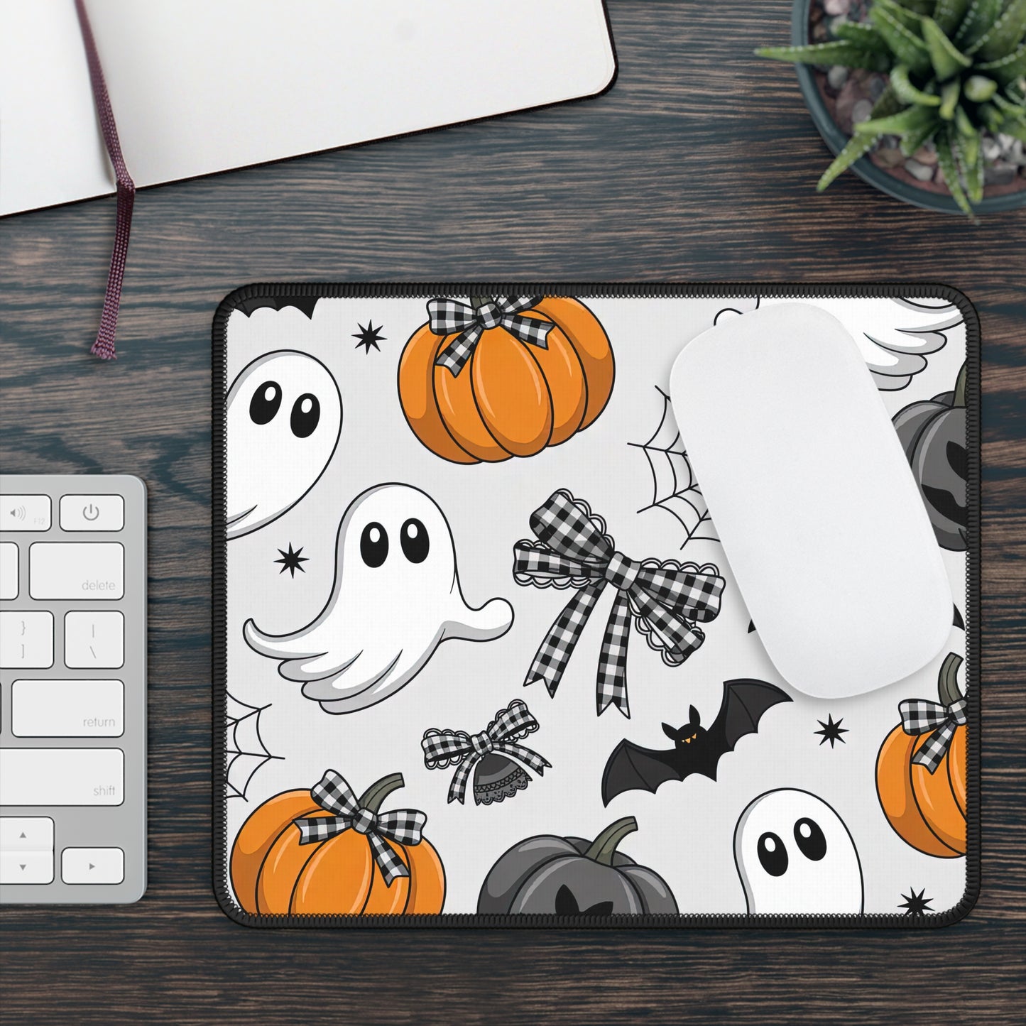 Ghosts and Pumpkins Halloween Mouse Pad – 9x7 Neoprene Desk Mat with Bats, Spiderwebs, and Gingham Bows Design