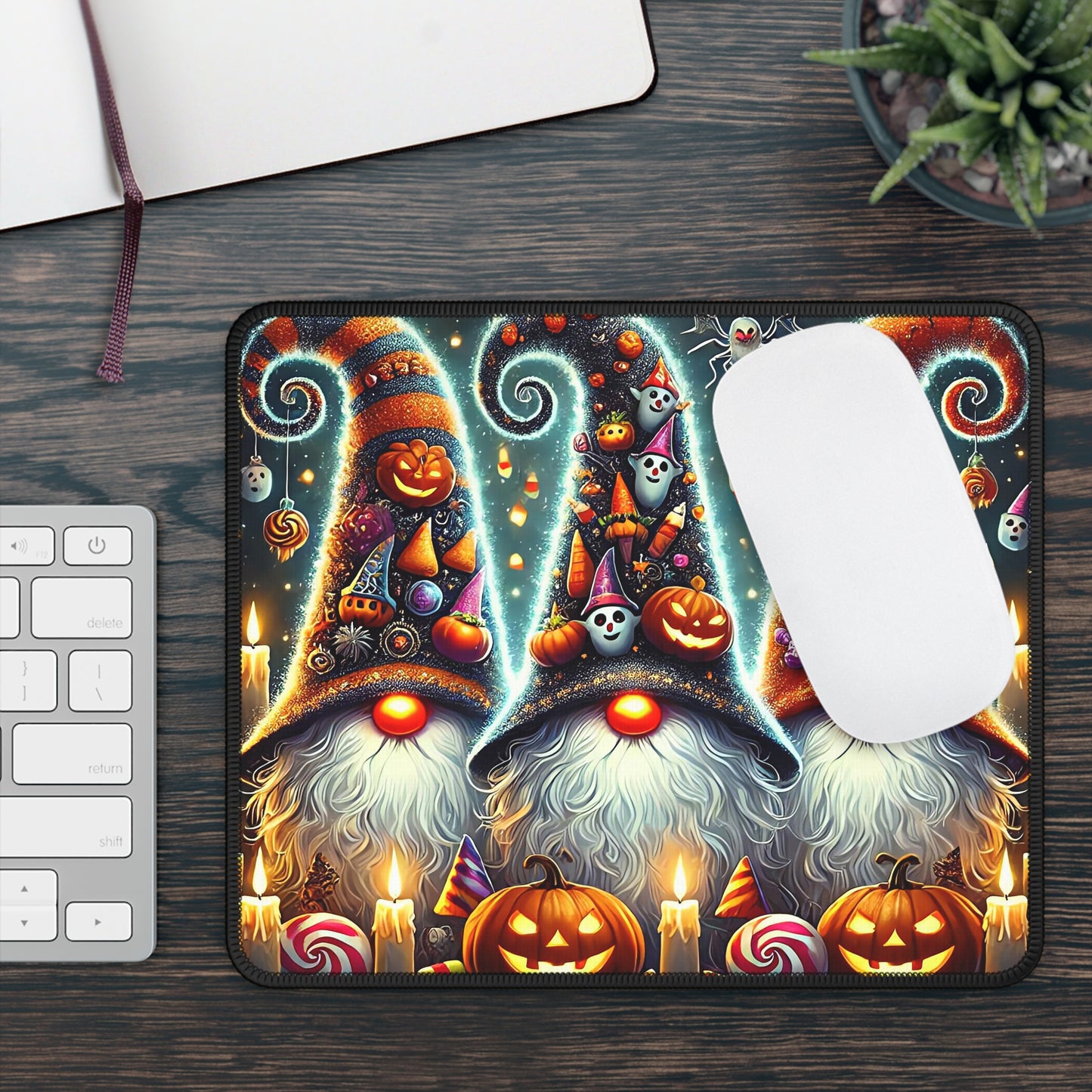 Spooky Halloween Gnomes Gaming Mouse Pad – 9x7 Neoprene Mouse Pad with Pumpkins, Candy, and Trick-or-Treat Wizard Hat Design
