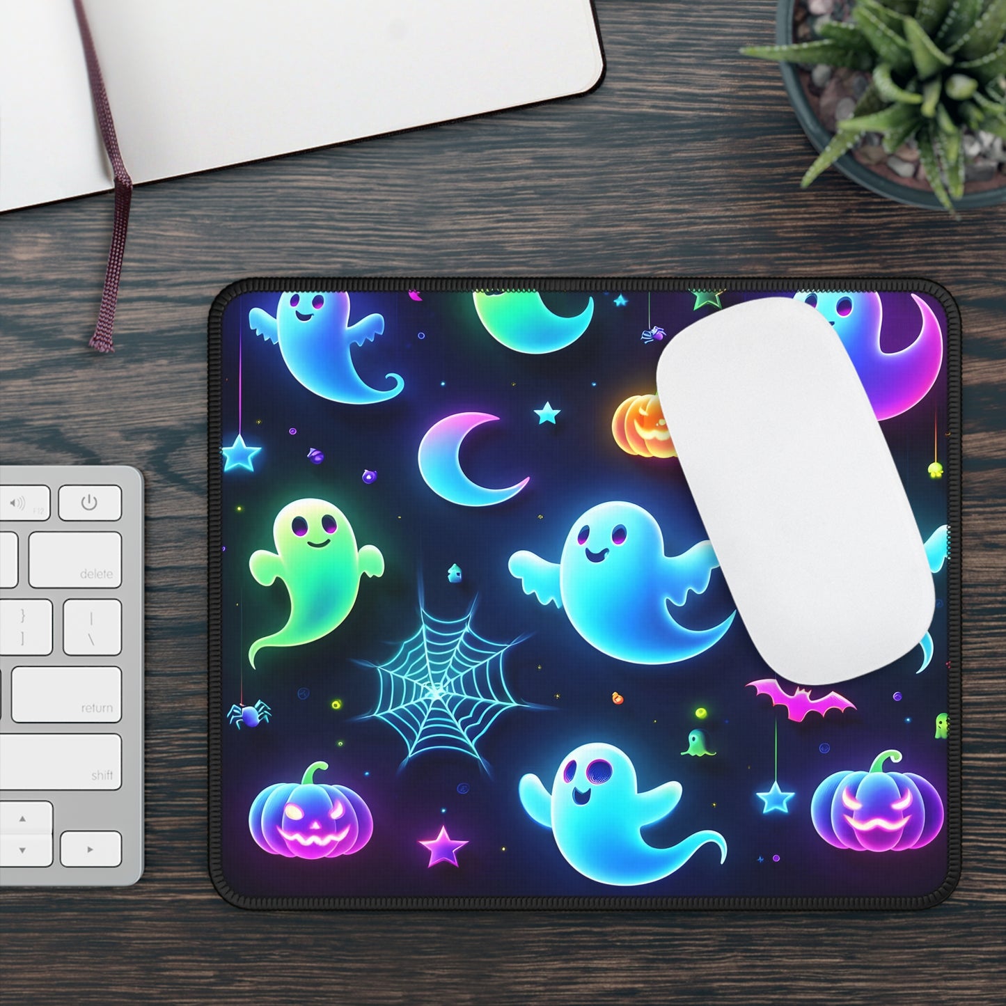 Neon Ghost Halloween Gaming Mouse Pad – 9x7 Neoprene Mouse Pad with Colorful Glow-in-the-Dark Ghosts, Pumpkins, and Spooky Night Sky