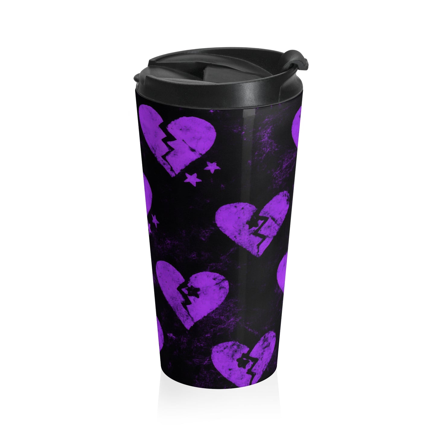 15oz “Broken Hearts & Black Coffee” Stainless Steel Travel Mug – Purple Heart Pattern on Black with Leak-Proof Lid
